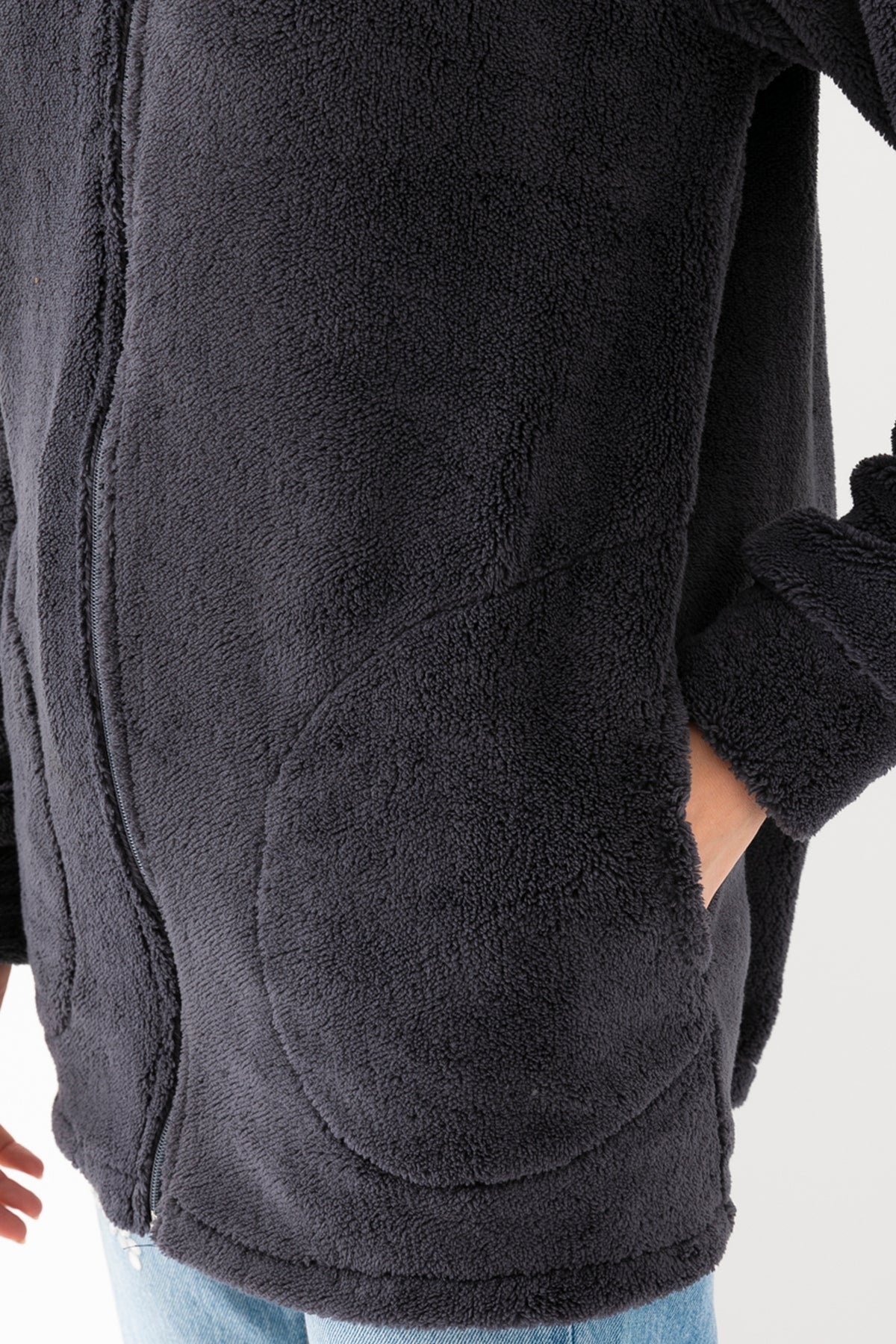 Kadın Füme Kapüşonlu Peluş Ceket