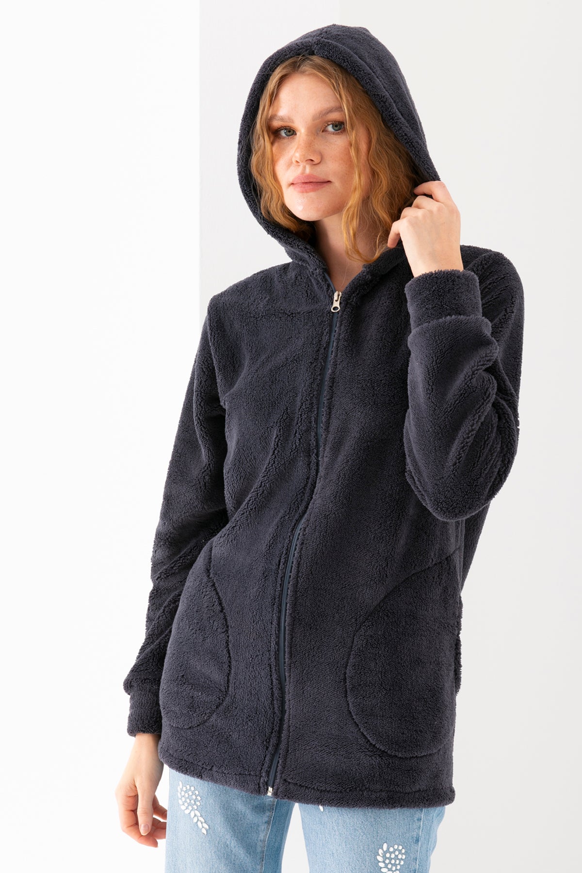 Kadın Füme Kapüşonlu Peluş Ceket