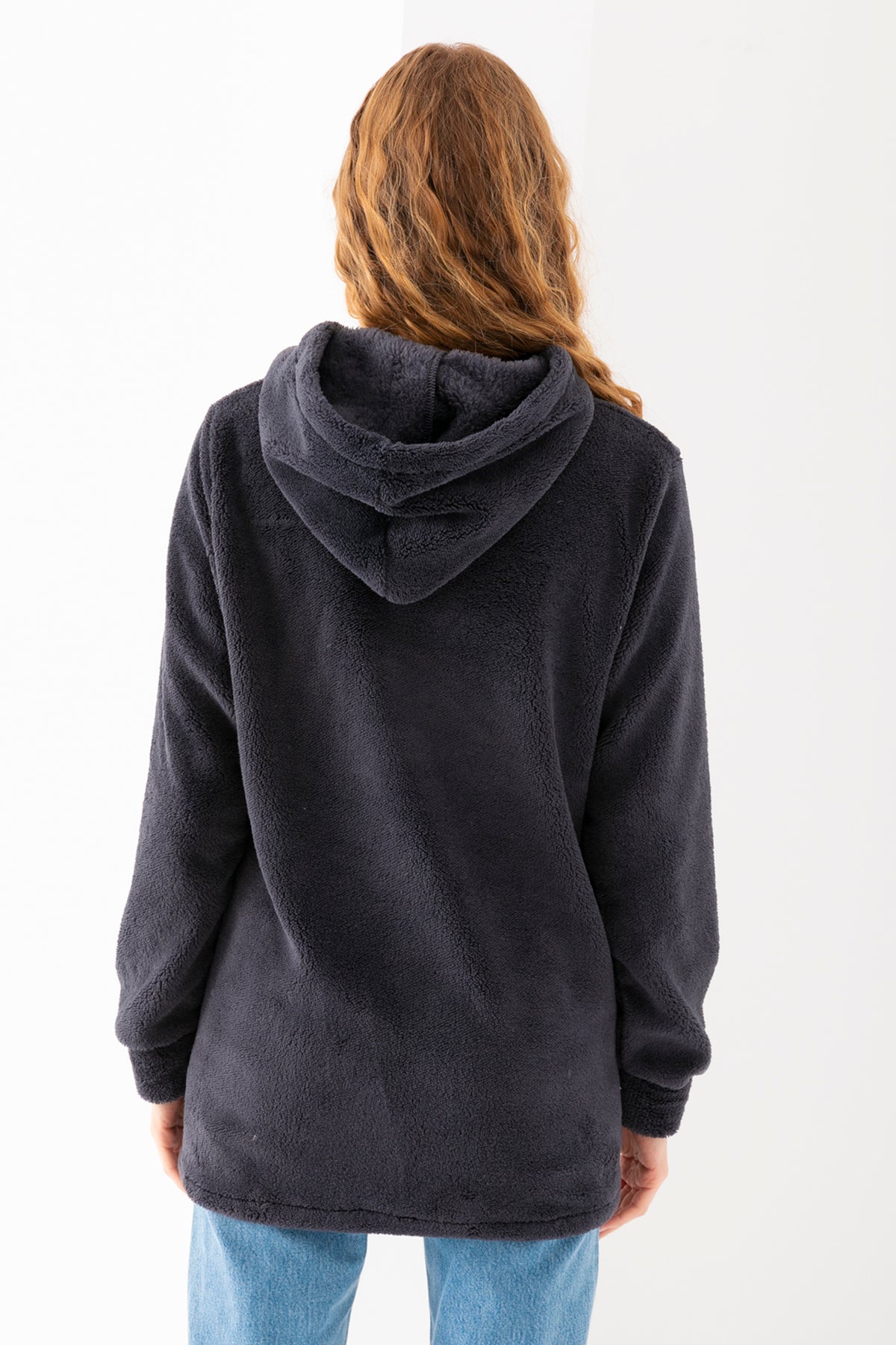 Kadın Füme Kapüşonlu Peluş Ceket