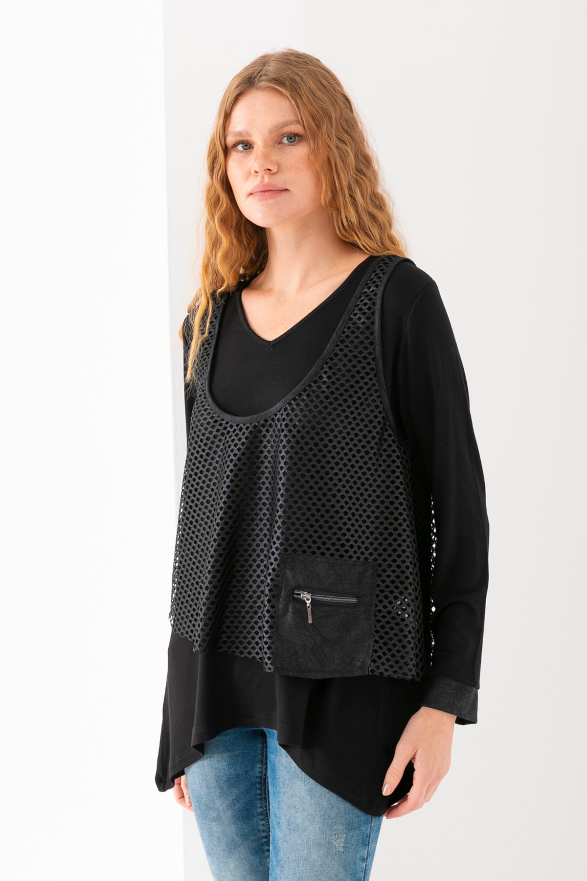 Kadın Siyah File Yelekli Eteği Asimetrik Takım Tunik