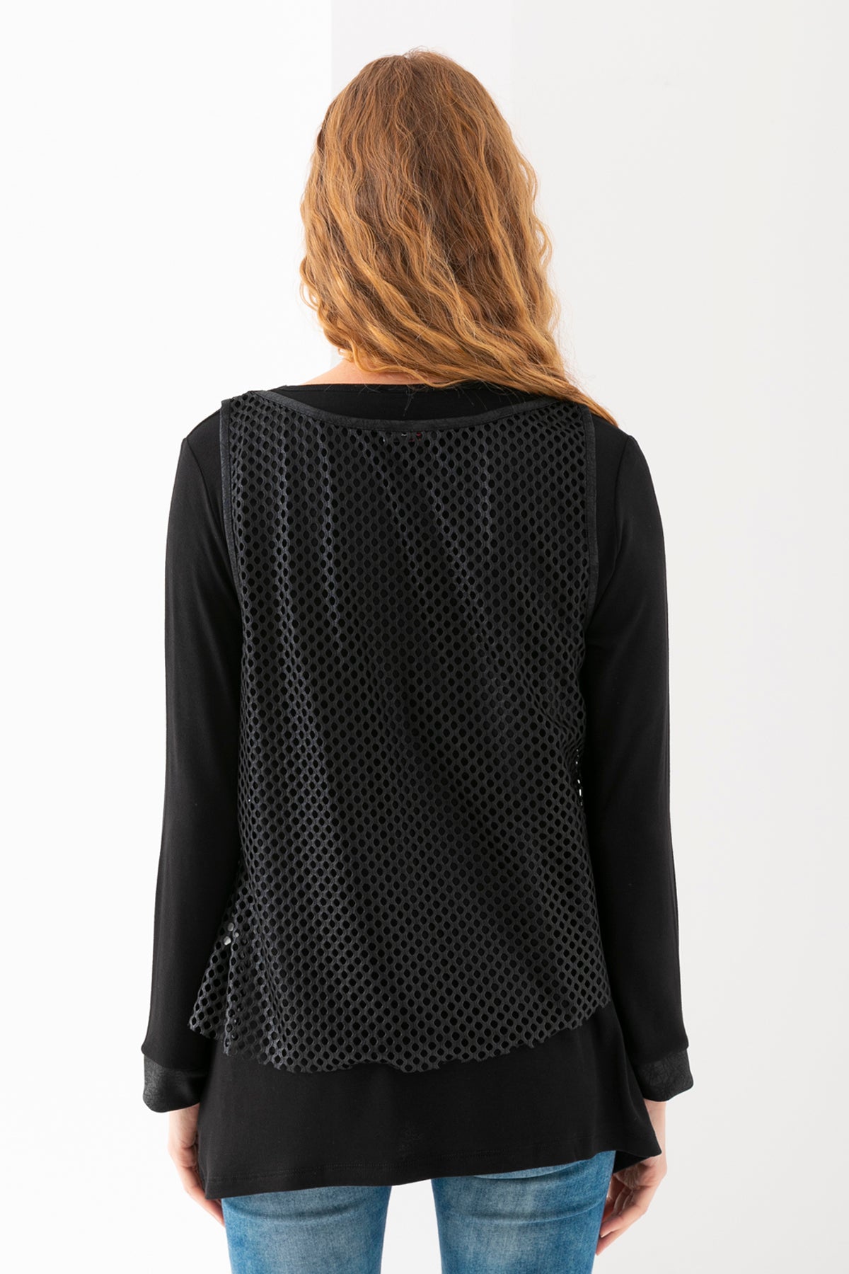 Kadın Siyah File Yelekli Eteği Asimetrik Takım Tunik