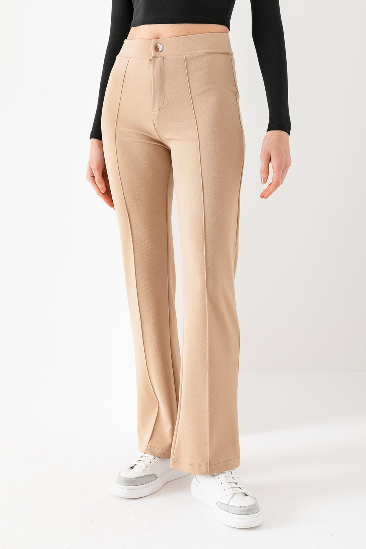 Kadın Bej Önü Şerit Detaylı İspanyol Paça Krep Pantolon