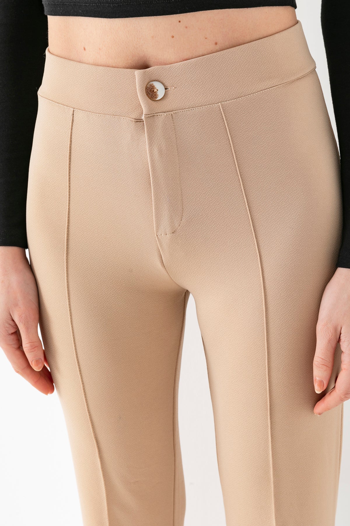 Kadın Bej Önü Şerit Detaylı İspanyol Paça Krep Pantolon