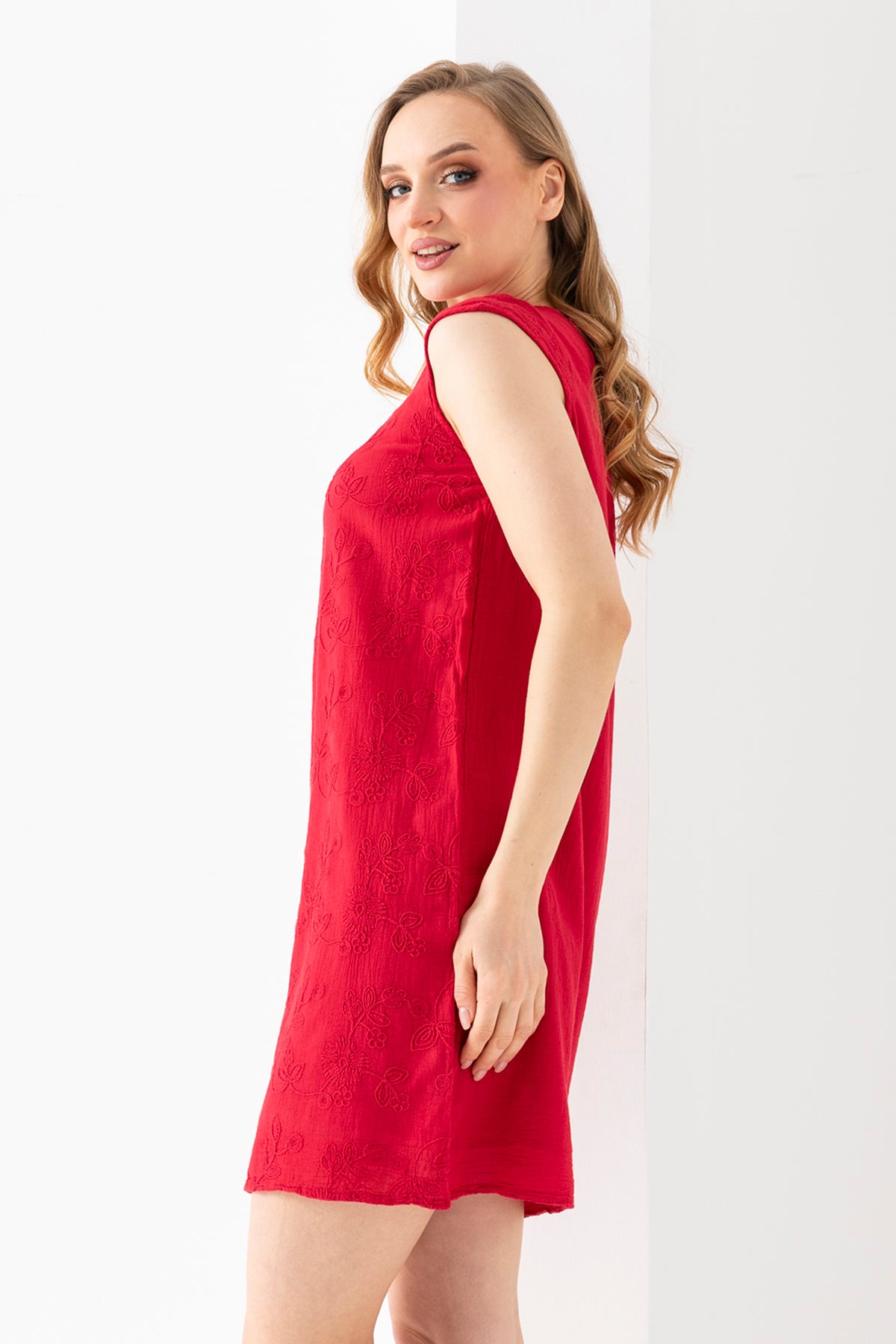 100% Organik Pamuk Kadın Kırmızı Dantelli U Yaka Mini Elbise