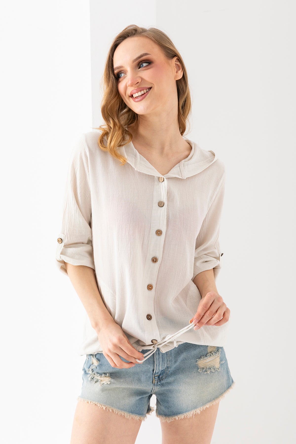 100% Organik Pamuk Kadın Taş Kapşonlu Arkası Dantel Şeritli Gömlek