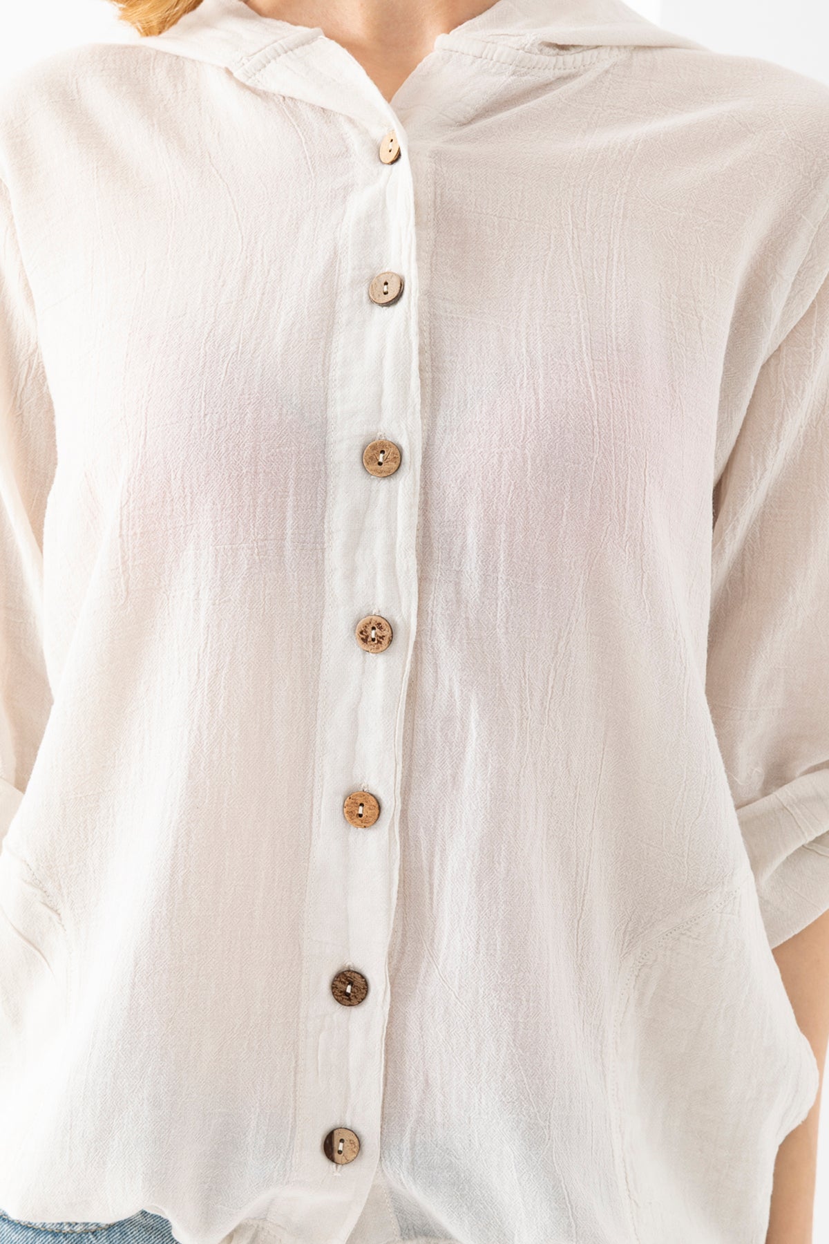 100% Organik Pamuk Kadın Taş Kapşonlu Arkası Dantel Şeritli Gömlek