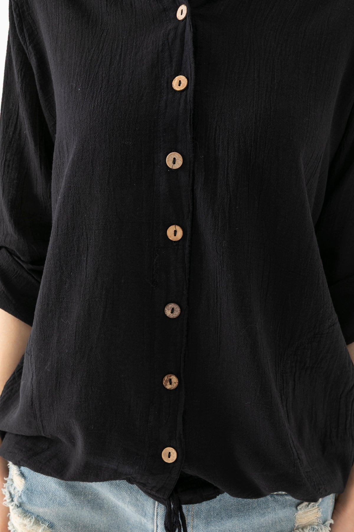 100% Organik Pamuk Kadın Siyah Kapşonlu Arkası Dantel Şeritli Gömlek