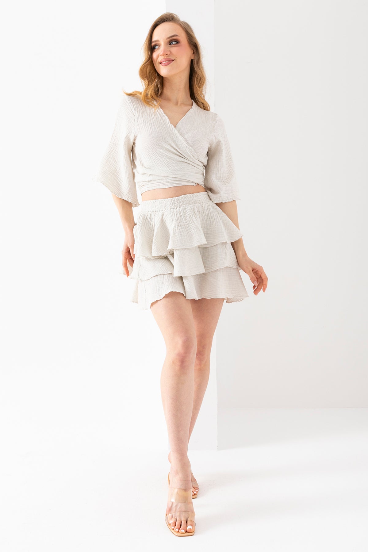 100% Organik Pamuk Taş Siyah Kruvaze Yaka Bolero