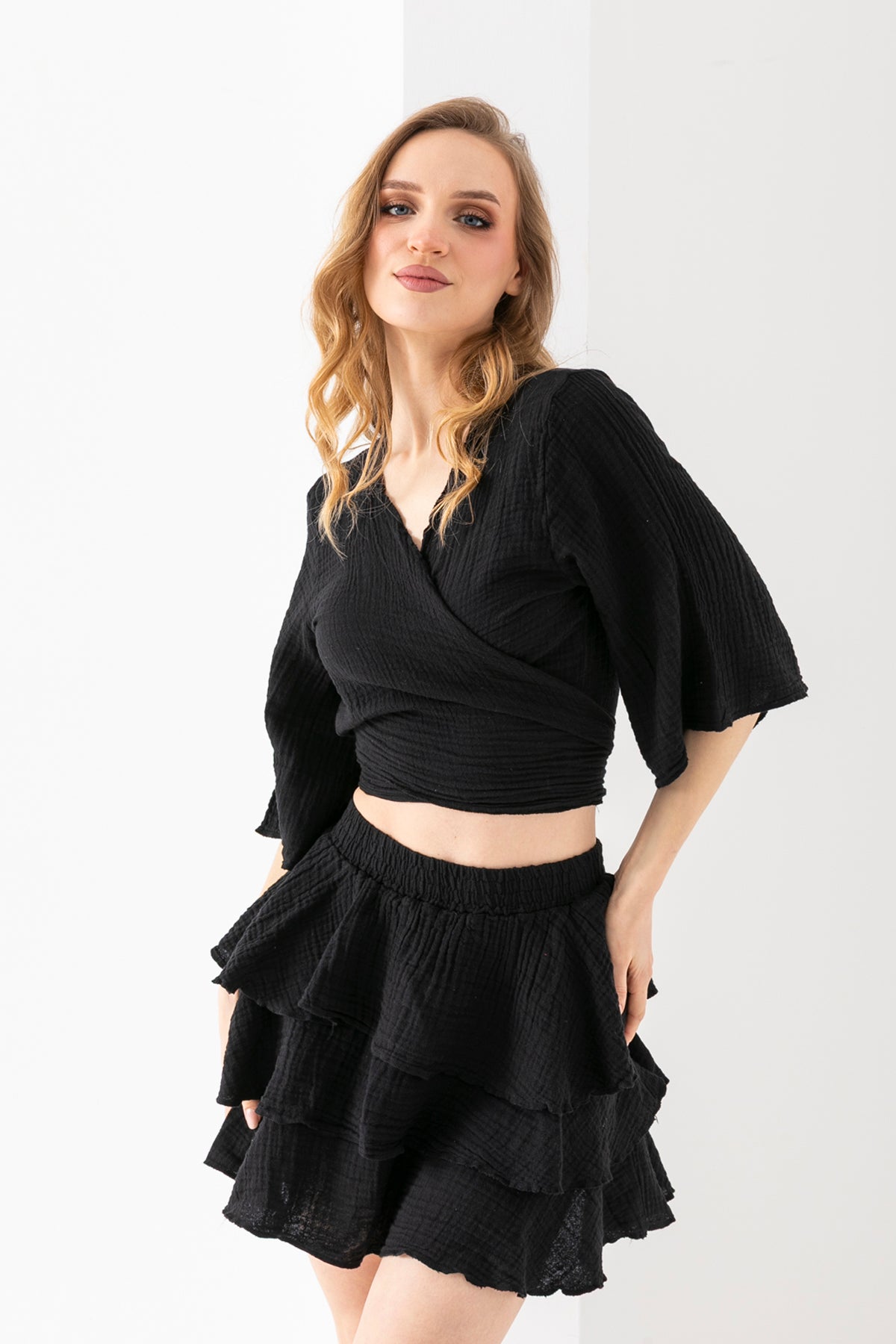 100% Organik Pamuk Kadın Siyah Kruvaze Yaka Bolero