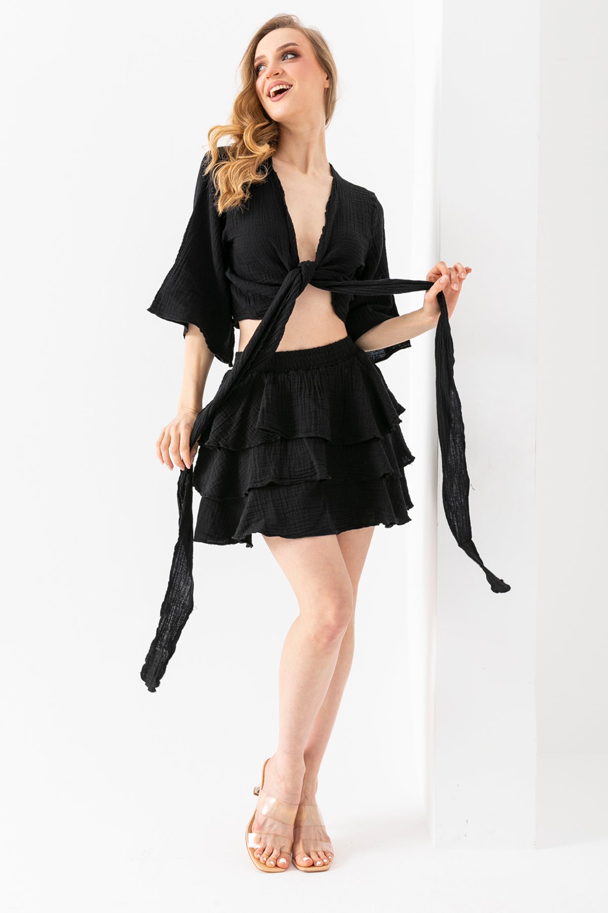 100% Organik Pamuk Kadın Siyah Kruvaze Yaka Bolero