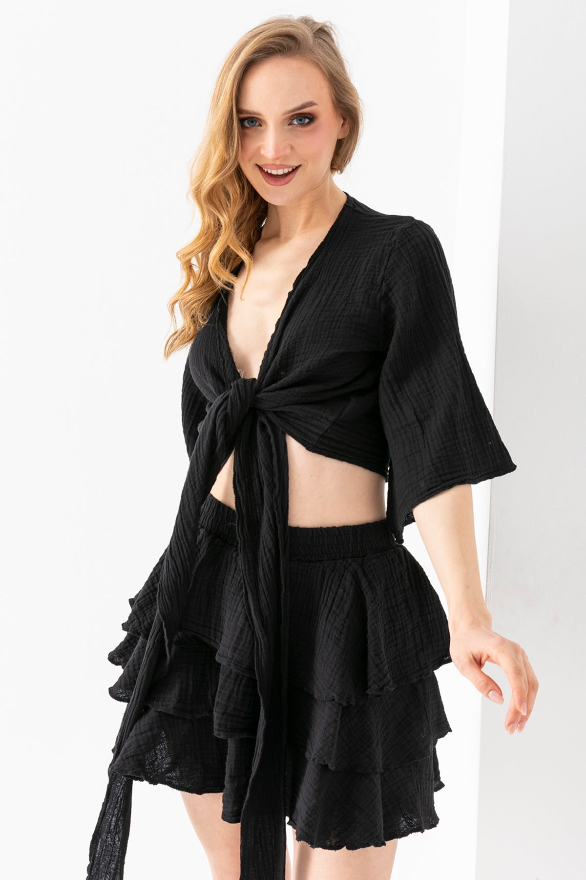 100% Organik Pamuk Kadın Siyah Kruvaze Yaka Bolero