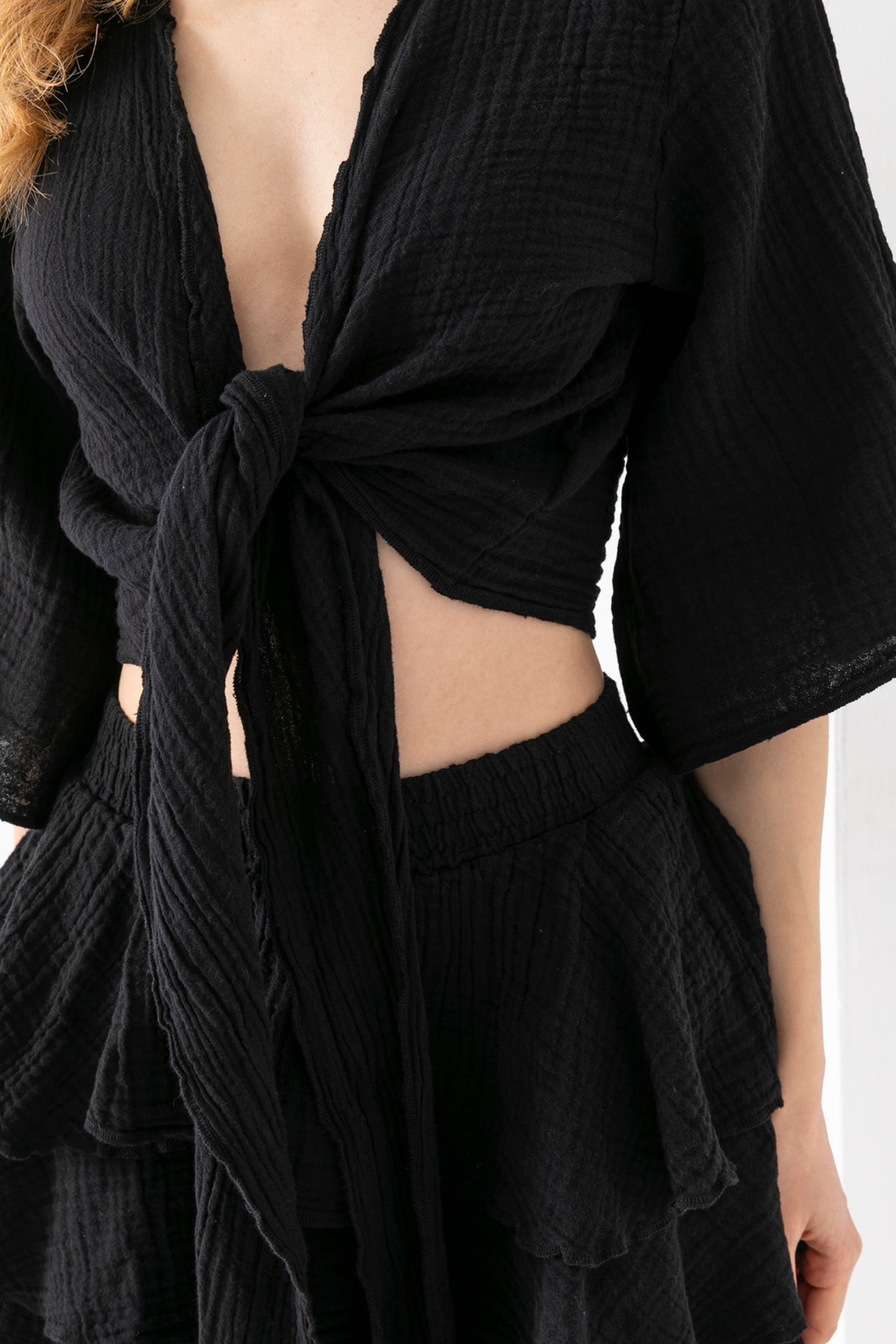 100% Organik Pamuk Kadın Siyah Kruvaze Yaka Bolero