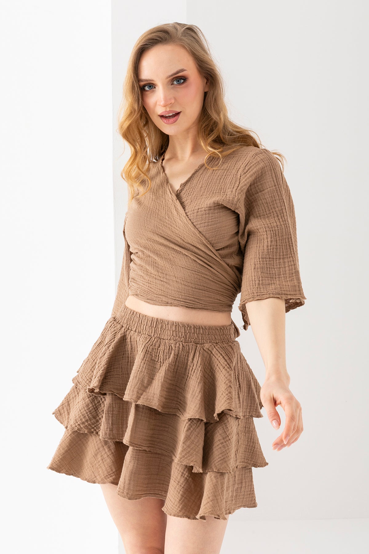 100% Organik Pamuk Kadın Mokka Kruvaze Yaka  Bolero