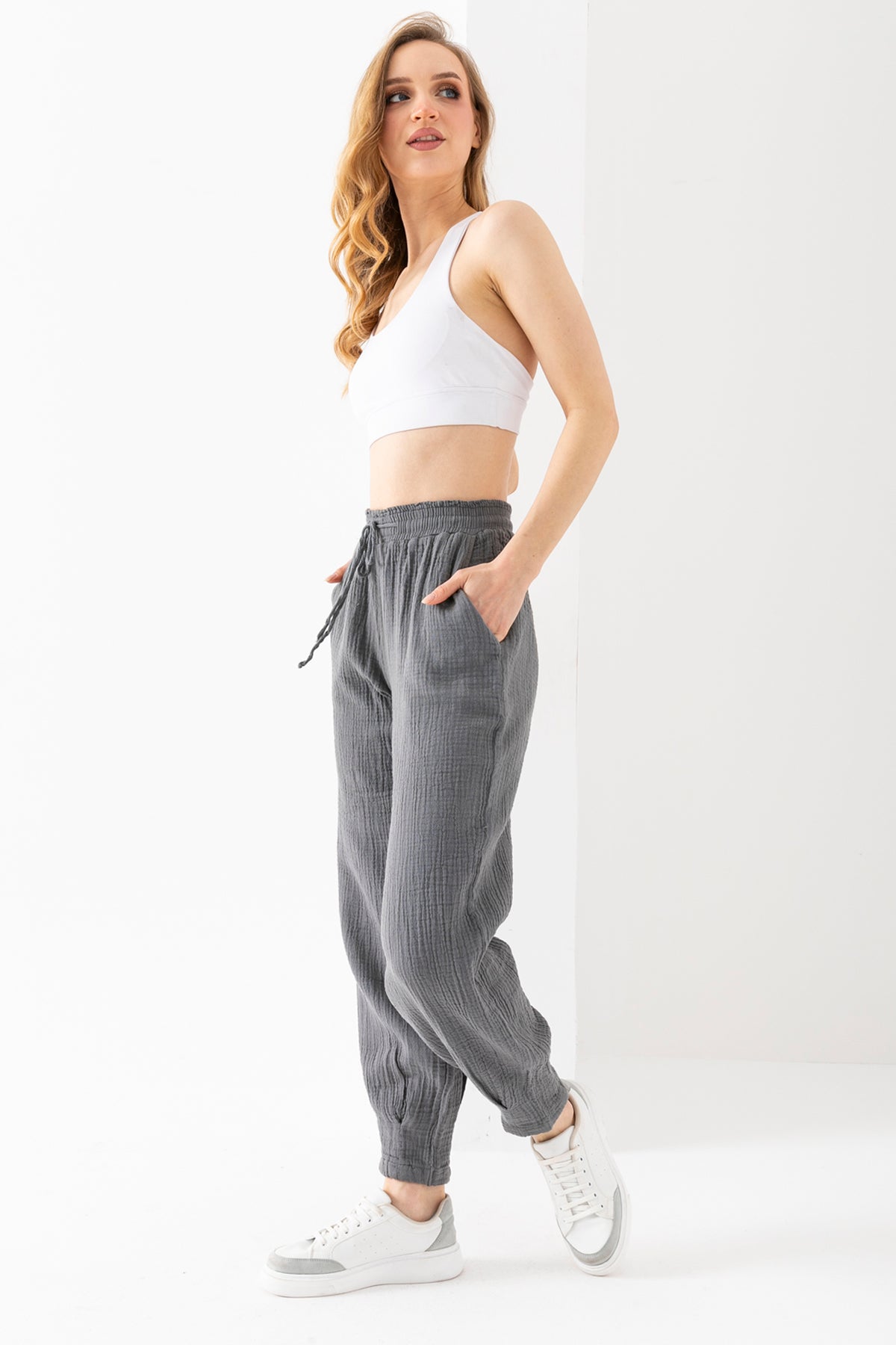 %100 Organik Pamuk Kadın Siyah Müslin Kumaş Pens Paça Otantik Şalvar Pantolon