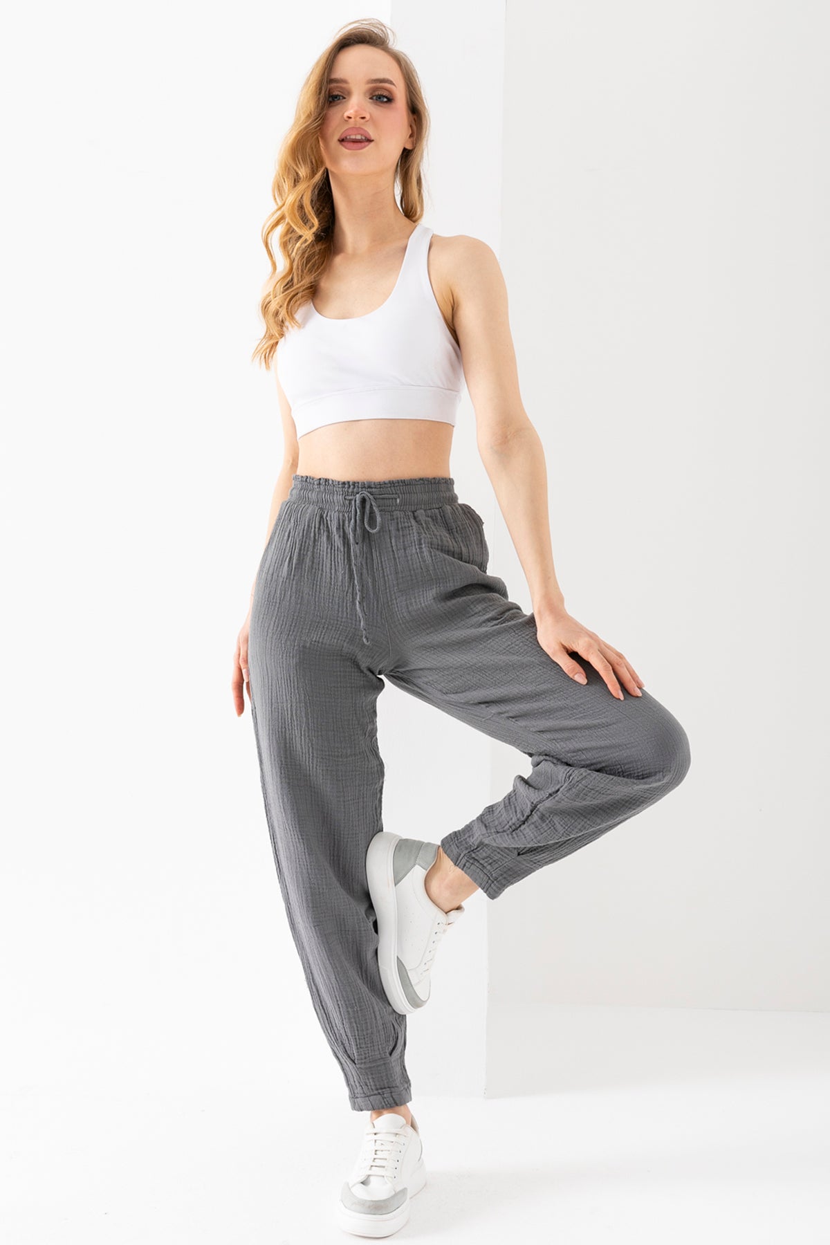 %100 Organik Pamuk Kadın Siyah Müslin Kumaş Pens Paça Otantik Şalvar Pantolon