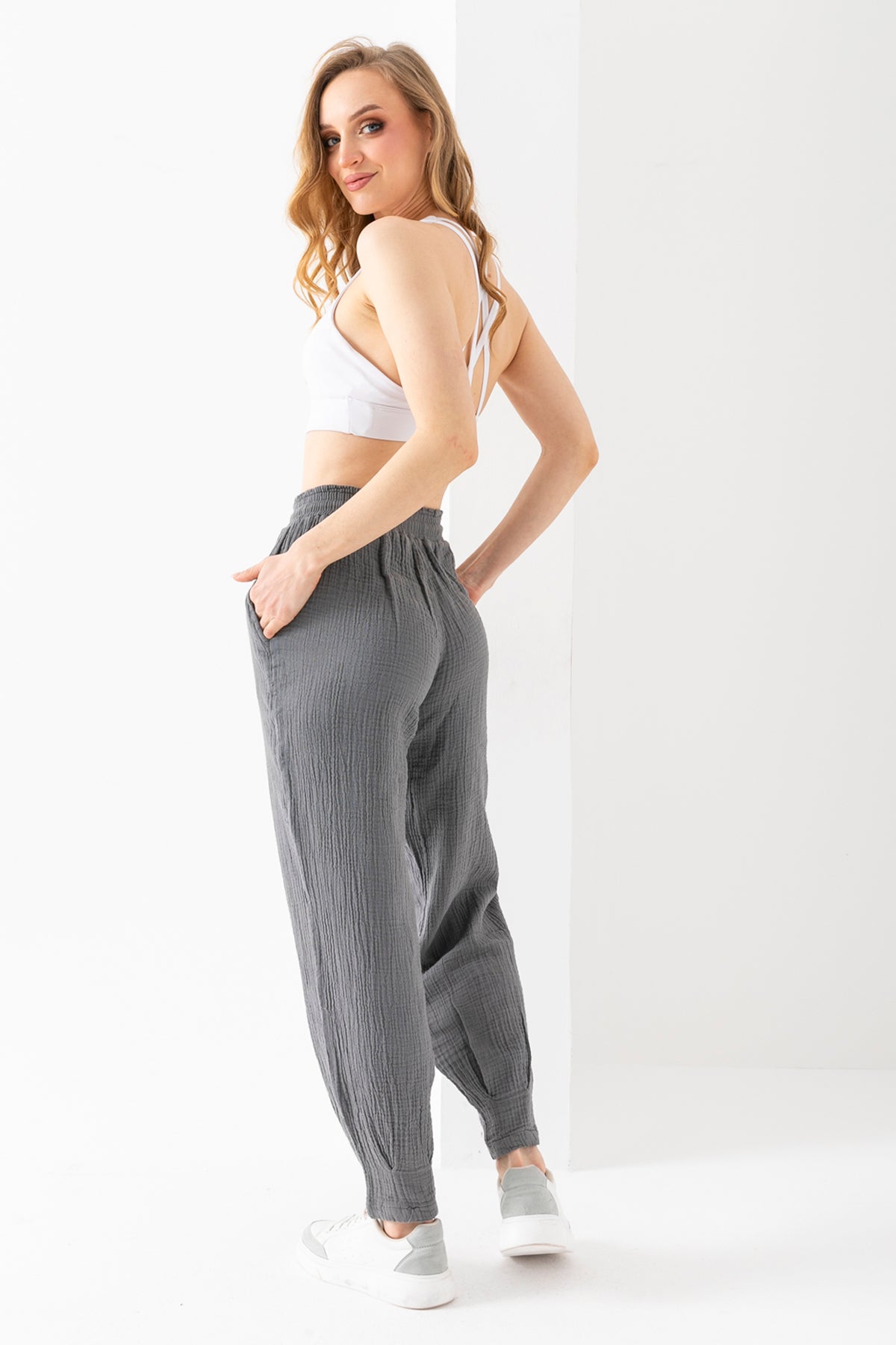 %100 Organik Pamuk Kadın Siyah Müslin Kumaş Pens Paça Otantik Şalvar Pantolon