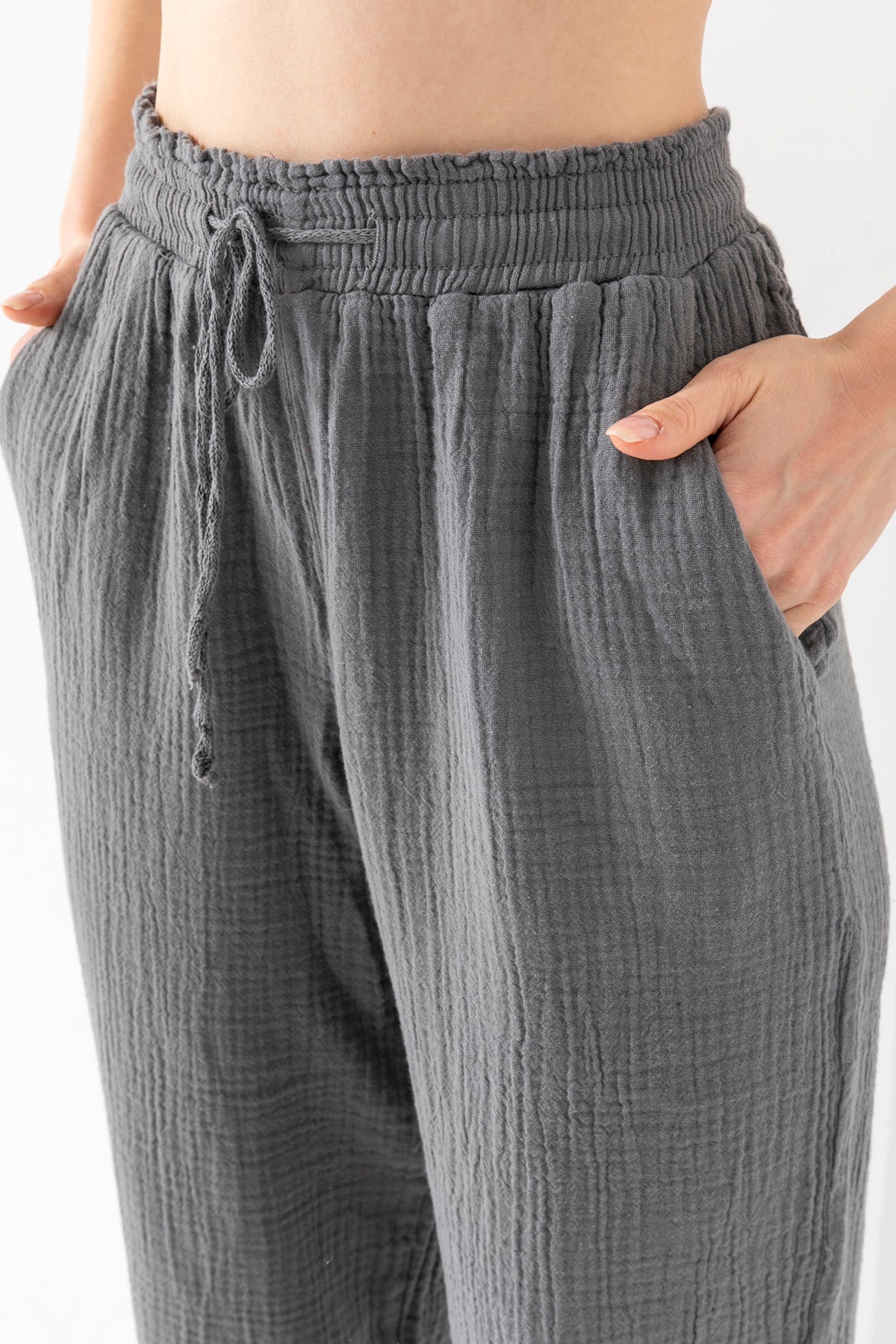 %100 Organik Pamuk Kadın Siyah Müslin Kumaş Pens Paça Otantik Şalvar Pantolon