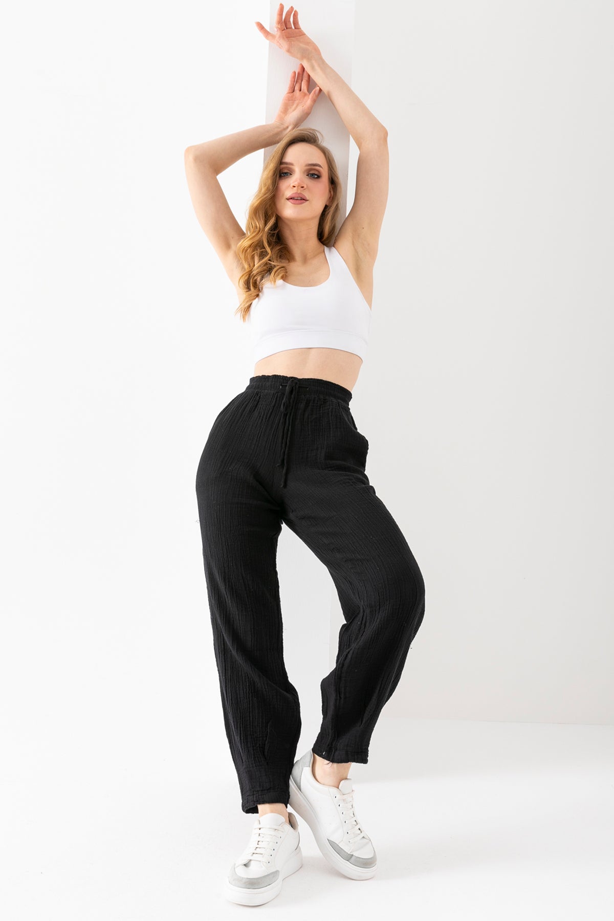 %100 Organik Pamuk Kadın Siyah Müslin Kumaş Pens Paça Otantik Şalvar Pantolon