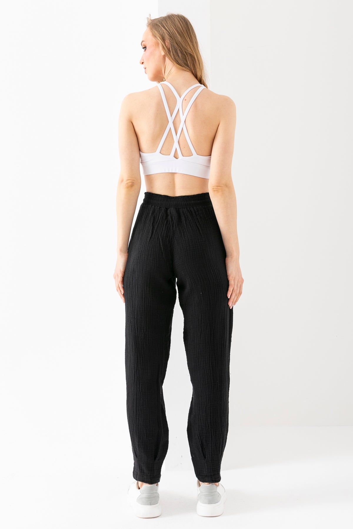 %100 Organik Pamuk Kadın Siyah Müslin Kumaş Pens Paça Otantik Şalvar Pantolon