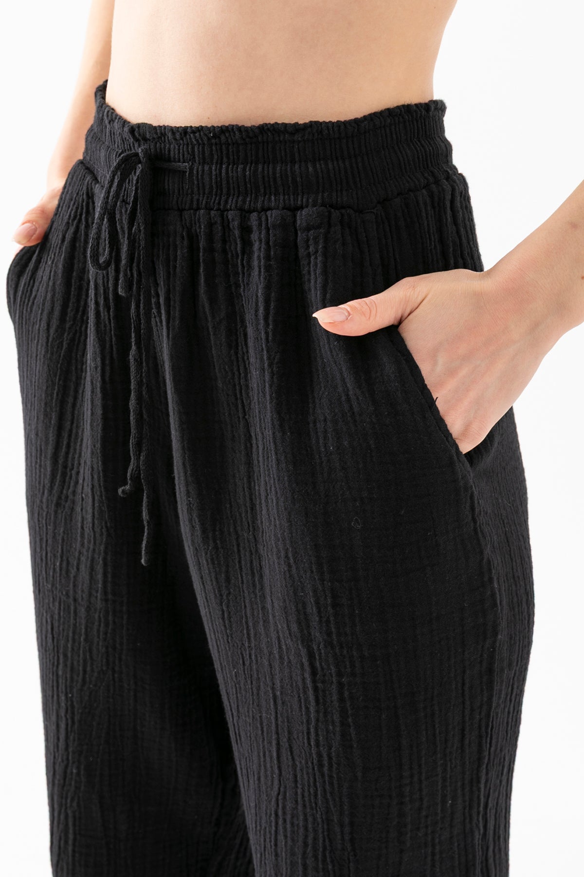 %100 Organik Pamuk Kadın Siyah Müslin Kumaş Pens Paça Otantik Şalvar Pantolon