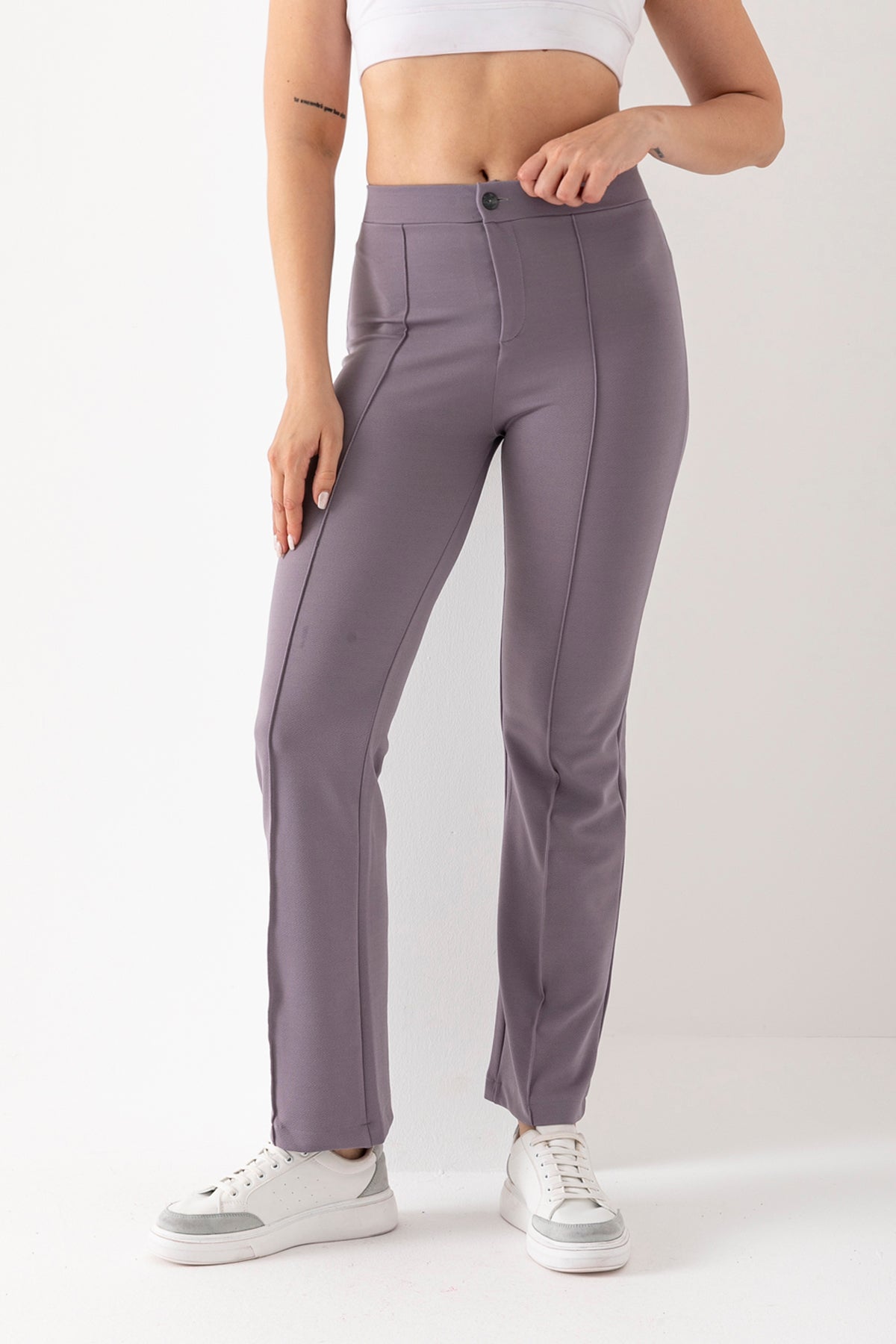 Kadın Gri Önü Şerit Detaylı İspanyol Paça Krep Pantolon