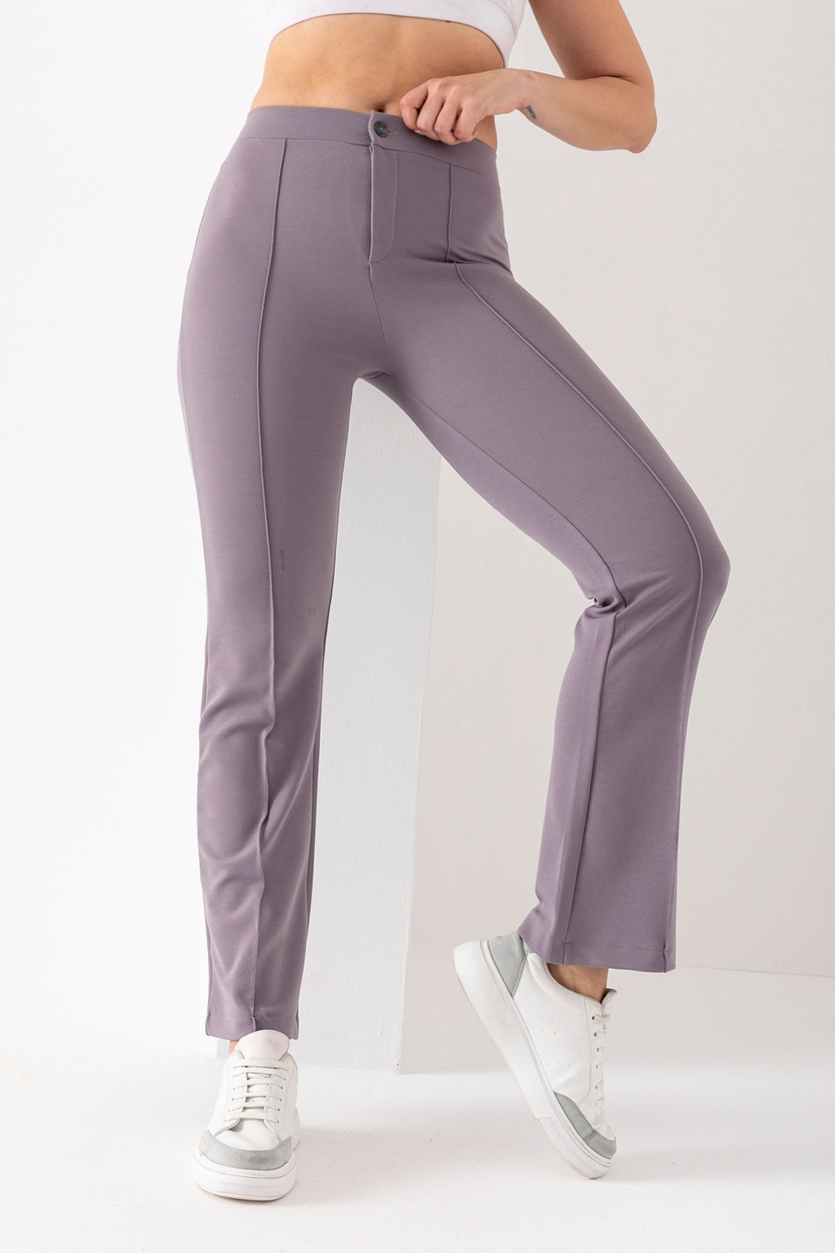 Kadın Gri Önü Şerit Detaylı İspanyol Paça Krep Pantolon