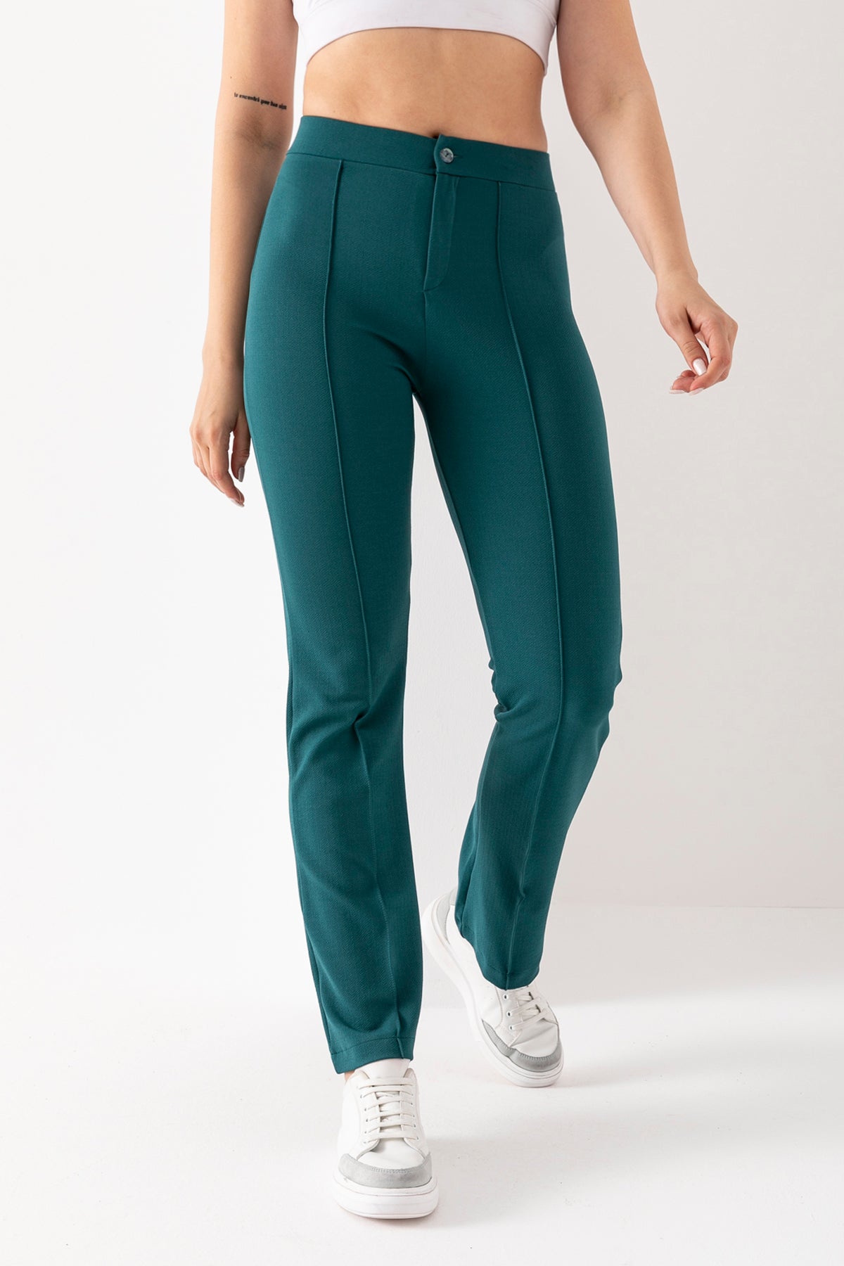 Kadın Petrol Yeşil Önü Şerit Detaylı İspanyol Paça Krep Pantolon