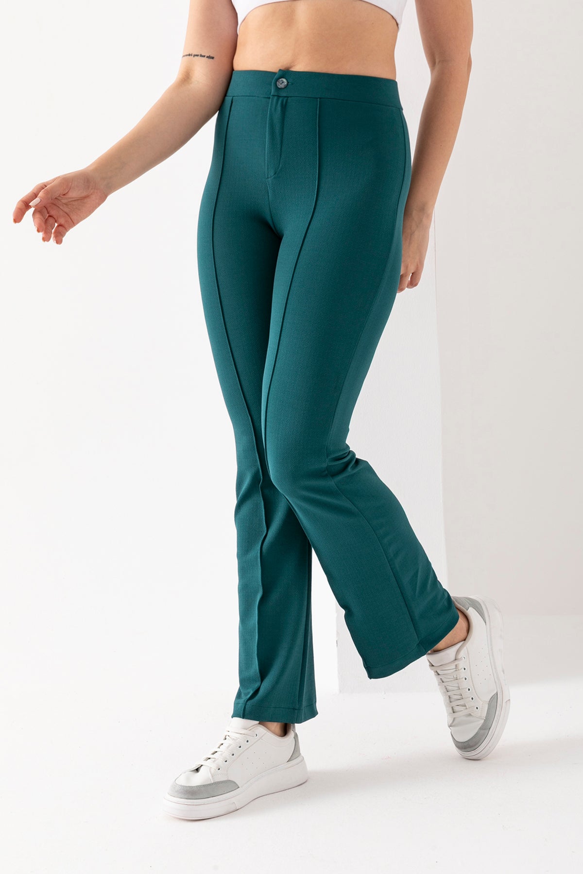 Kadın Petrol Yeşil Önü Şerit Detaylı İspanyol Paça Krep Pantolon