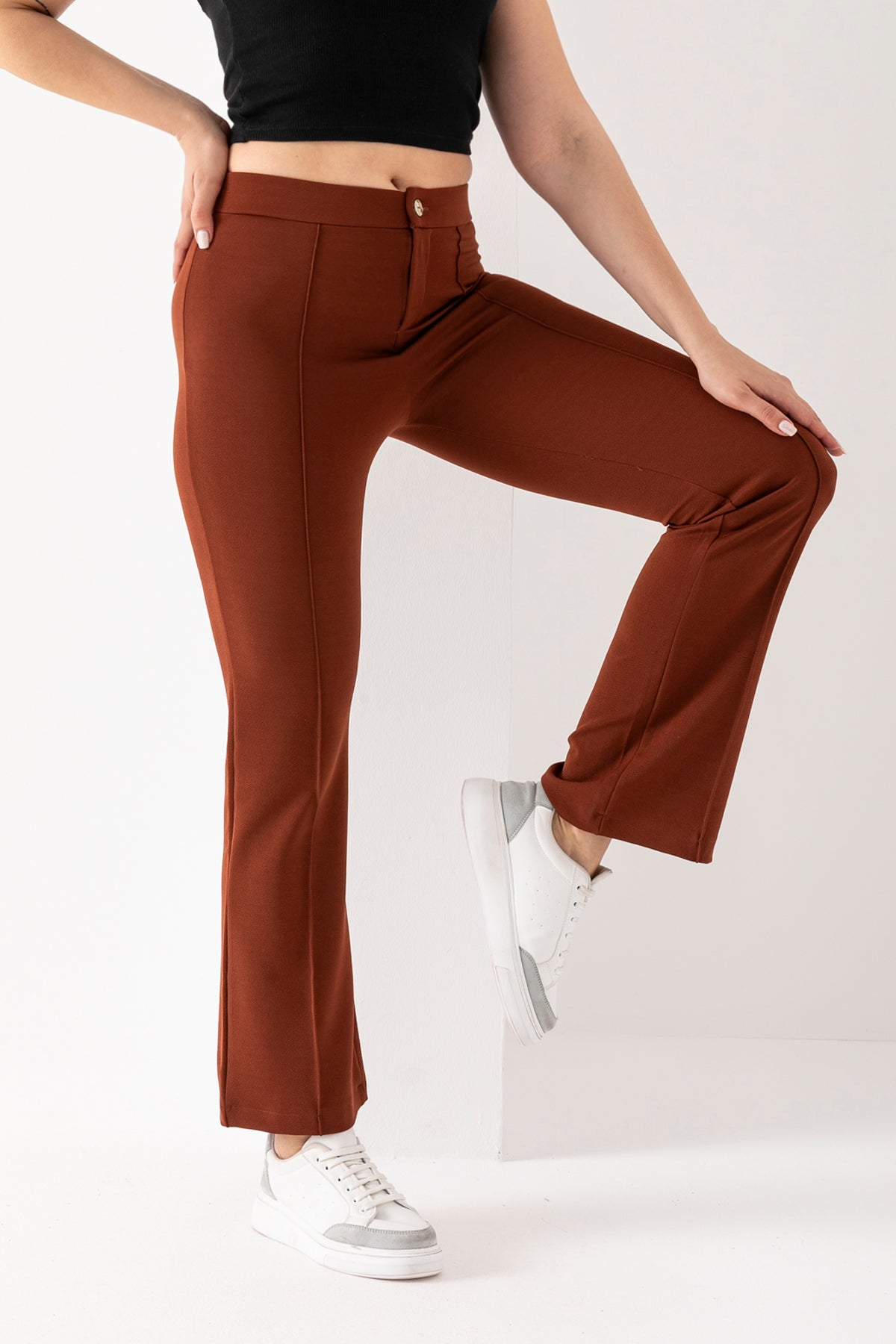 Kadın Mokka Önü Şerit Detaylı İspanyol Paça Krep Pantolon