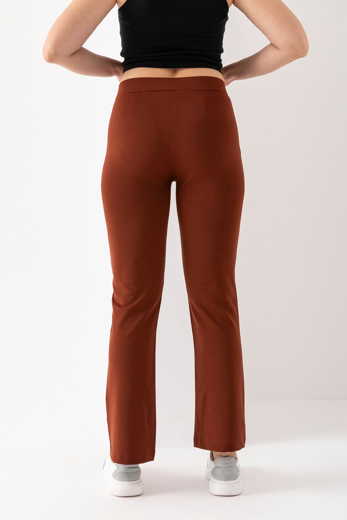 Kadın Mokka Önü Şerit Detaylı İspanyol Paça Krep Pantolon