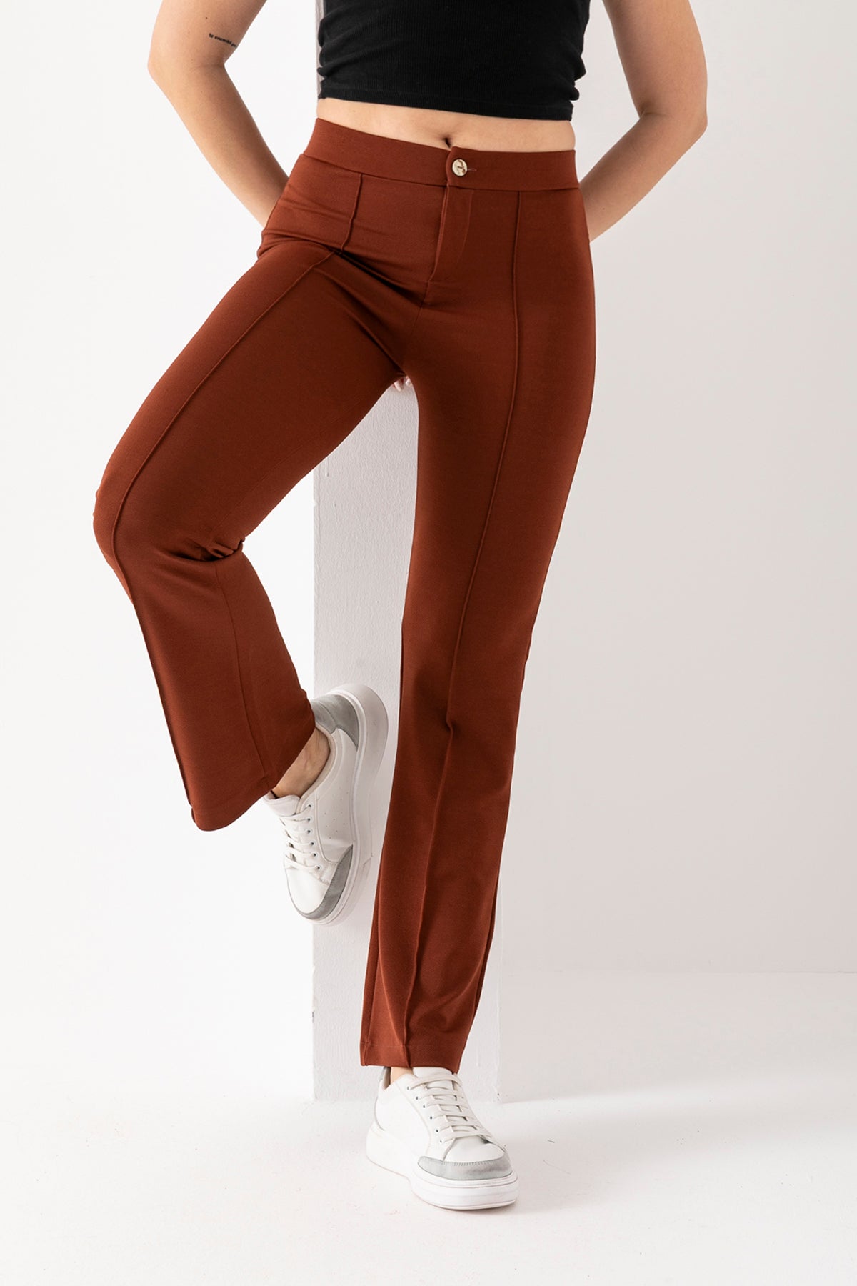 Kadın Mokka Önü Şerit Detaylı İspanyol Paça Krep Pantolon