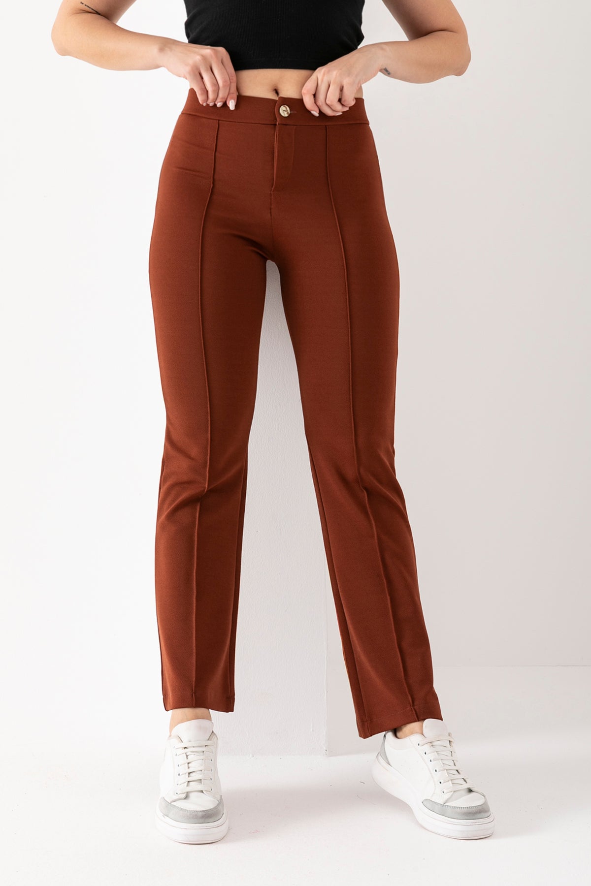 Kadın Mokka Önü Şerit Detaylı İspanyol Paça Krep Pantolon