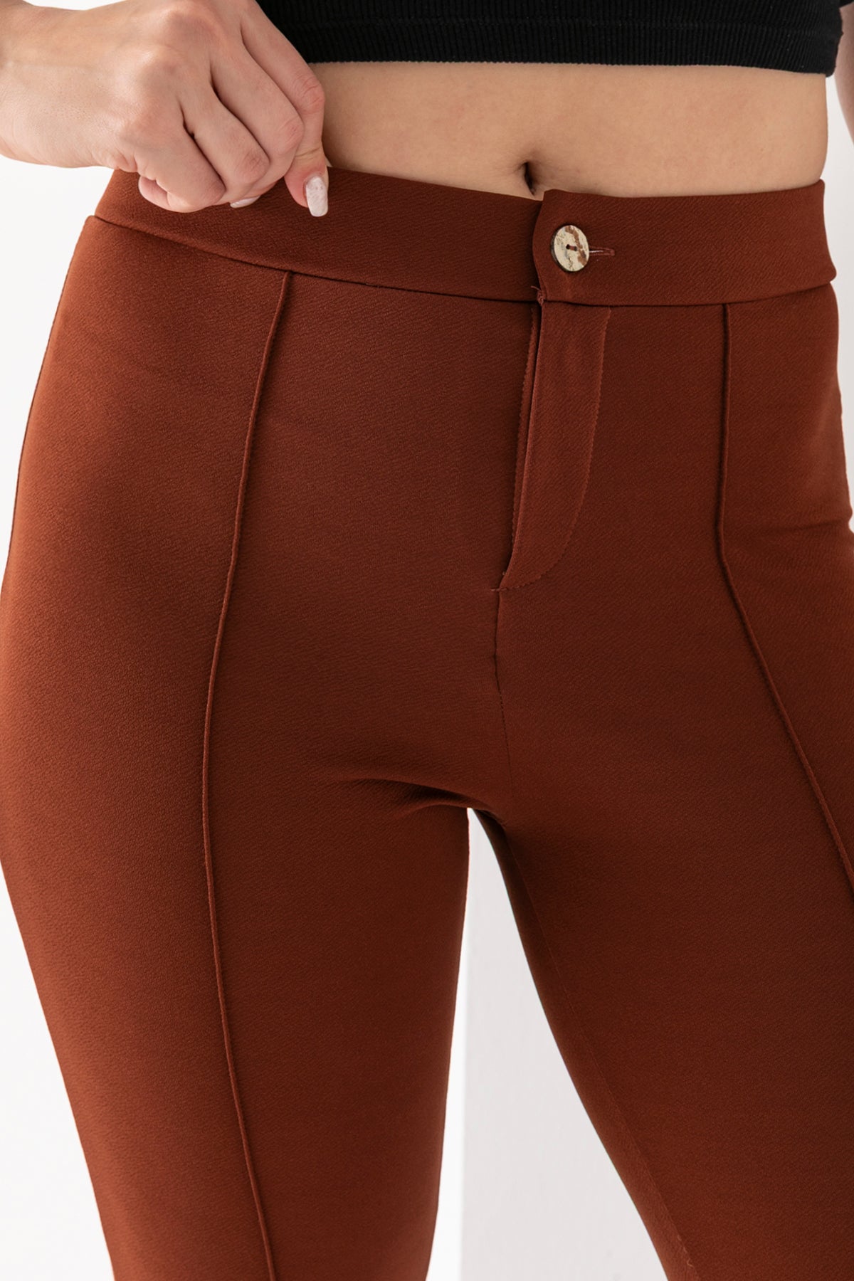 Kadın Mokka Önü Şerit Detaylı İspanyol Paça Krep Pantolon