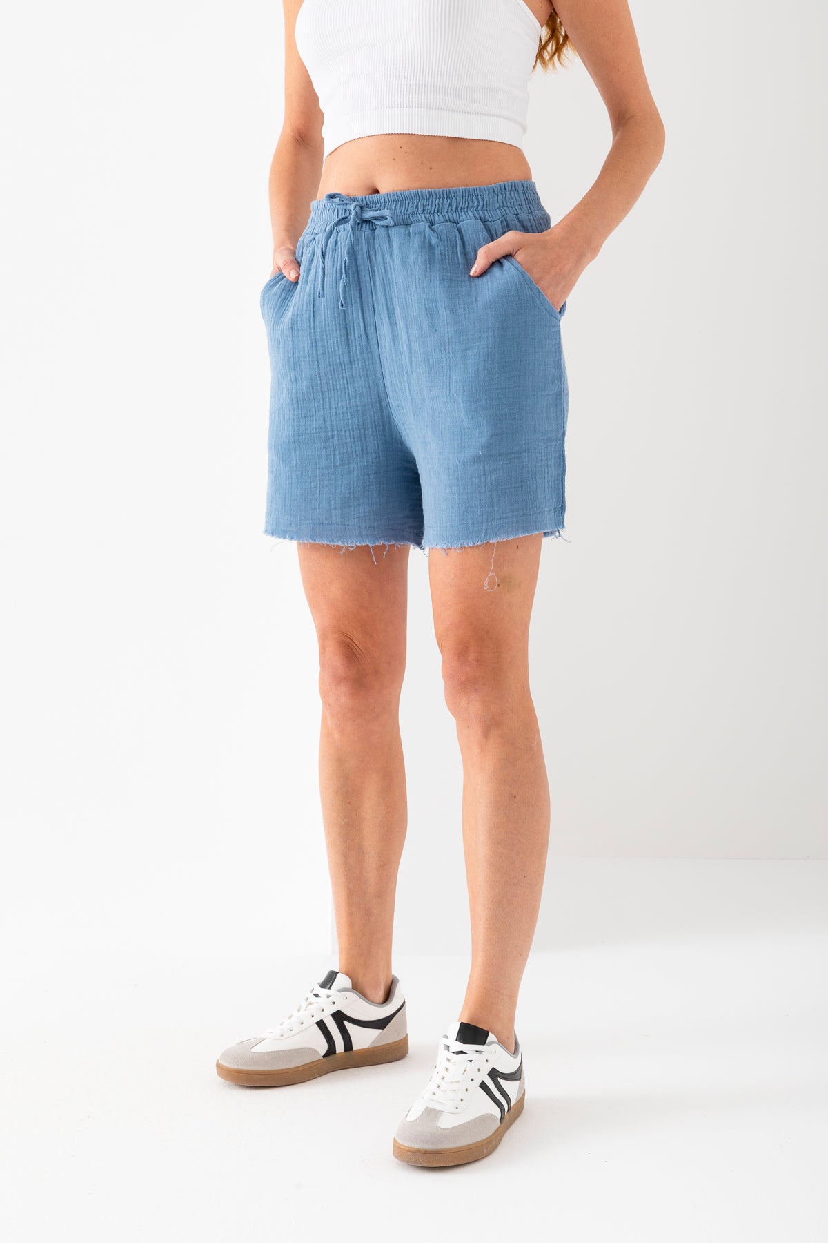 Kadın %100 Pamuk Bebe Mavi Geniş Paça Muslin Şort