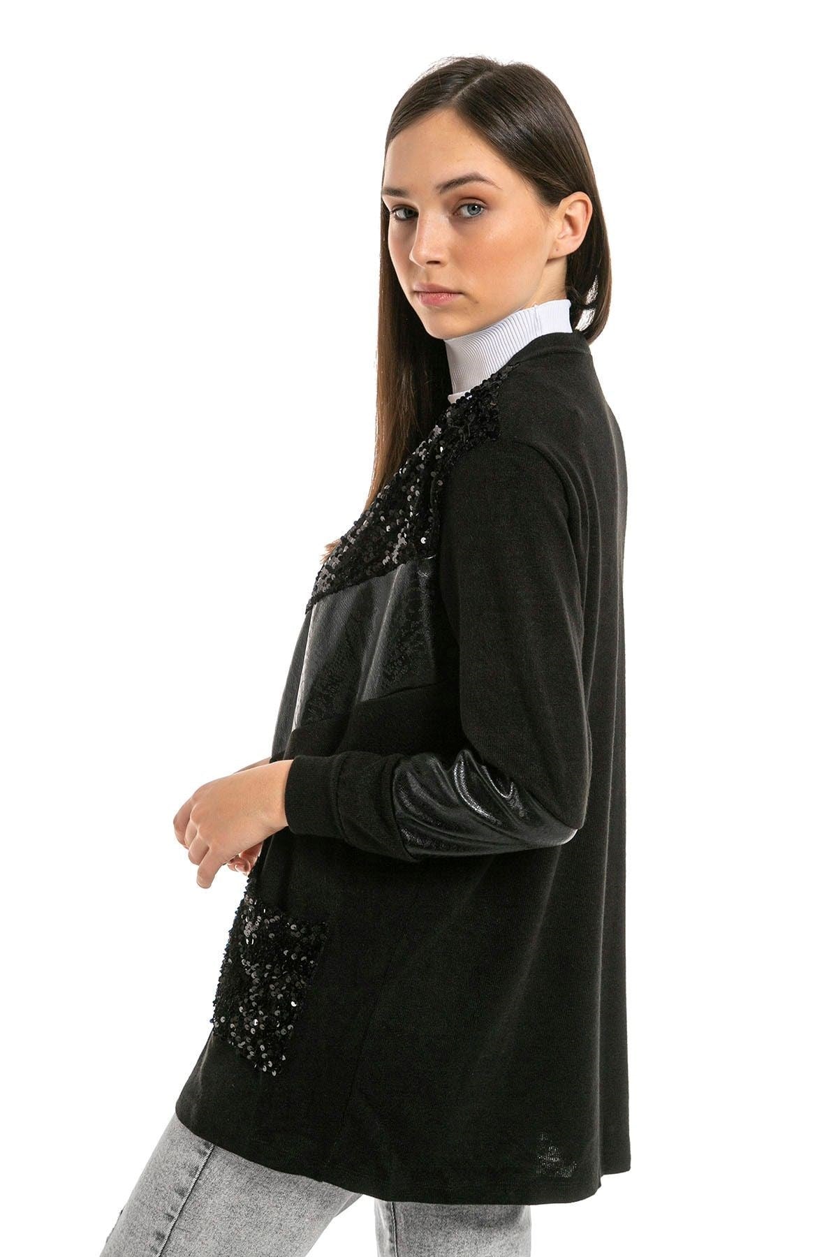 Kadın Siyah Pullu Deri Garnili Hırka