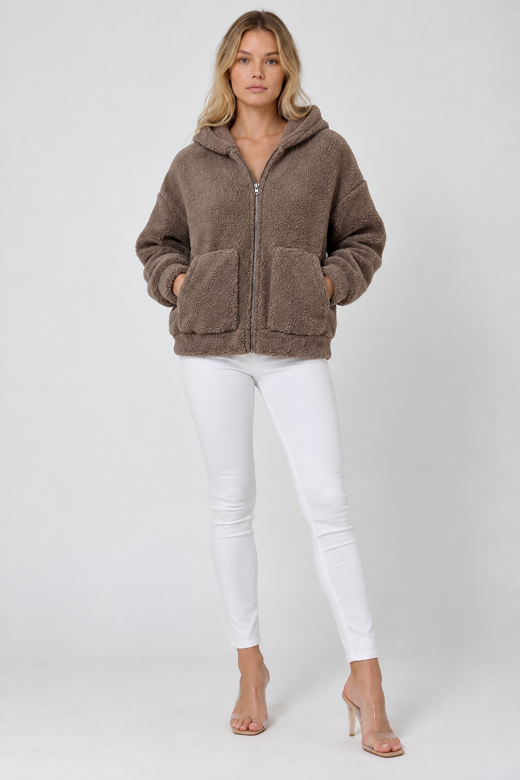 Kadın Kapüşonlu Fermuarlı Polar Bomber Ceket
