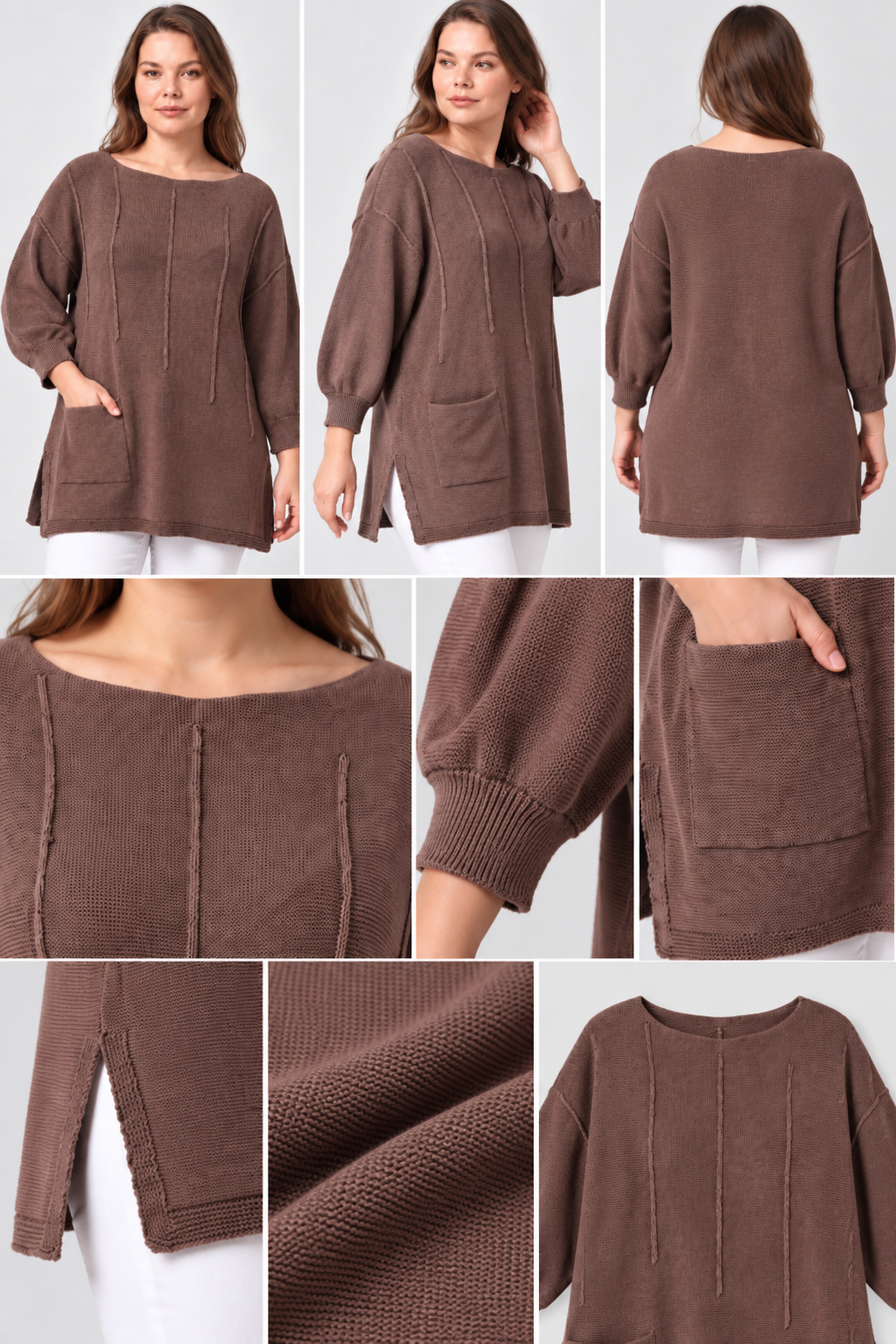 Kadın İtalyan Stil Yarasa Kol Yanı Yırtmaçlı Cep Detaylı Oversize Triko Bluz