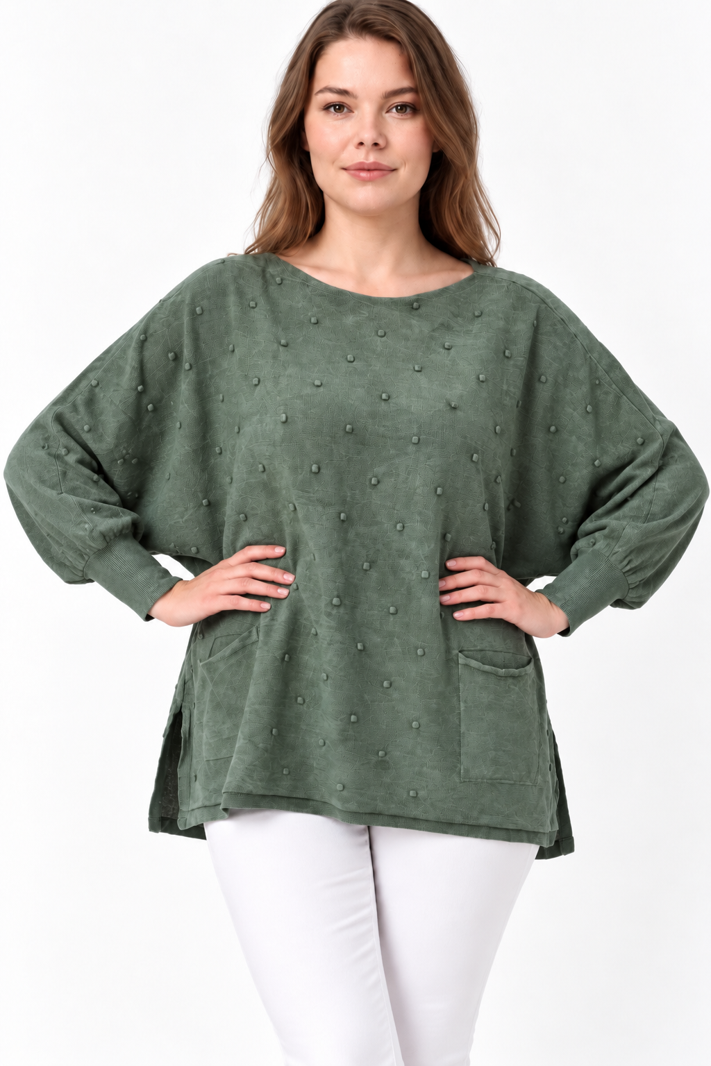 Kadın İtalyan Stil Yarasa Kol Yanı Yırtmaçlı Cep Detaylı Oversize Triko Bluz