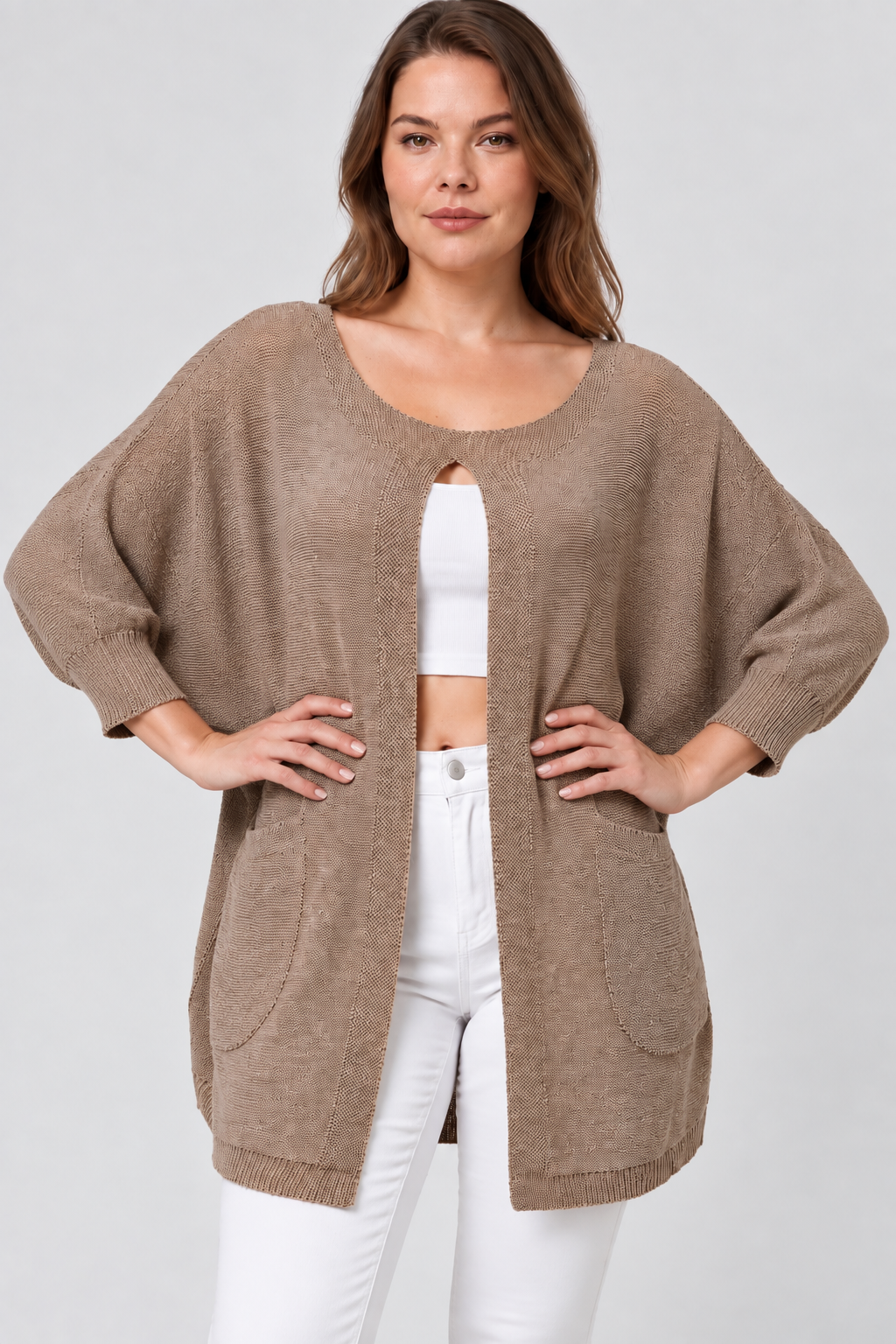 Kadın İtalyan Stil Yarasa Kol Önü Derin Yırtmaçlı Oversize Merserize Triko Tunik