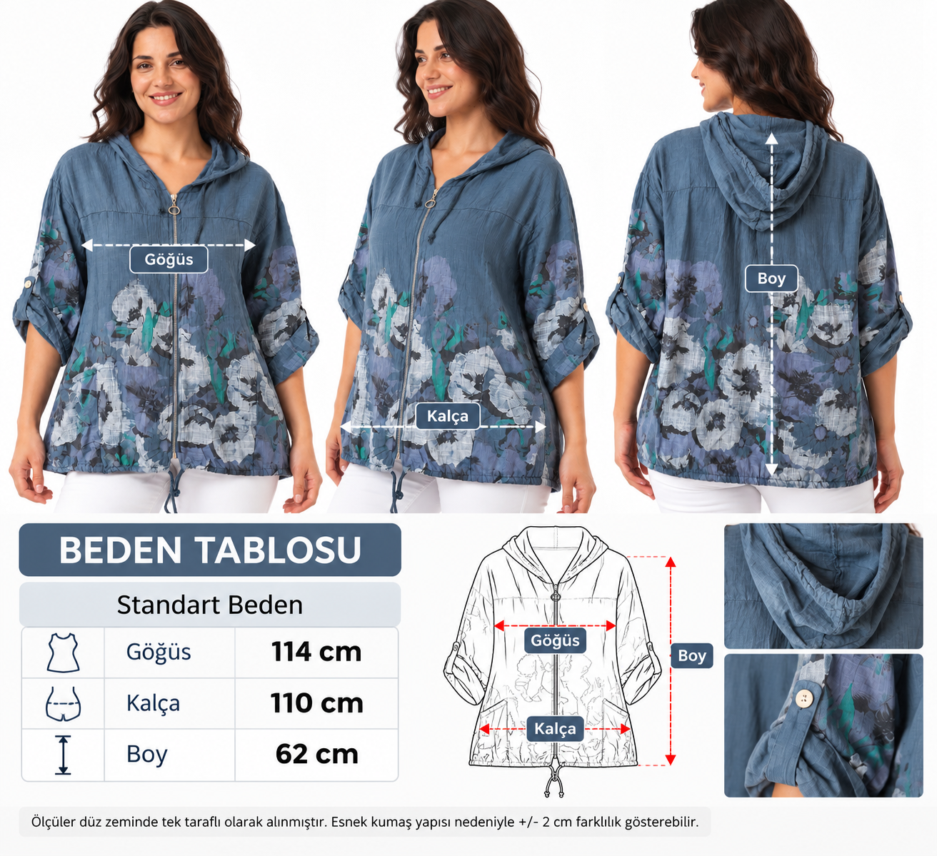 Kadın 4/3 Kapri Kol Kapşonlu İtalyan Stil Fermuarlı Pamuklu İnce Kumaş Ceket