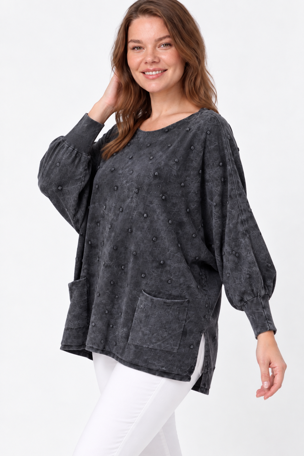 Kadın İtalyan Stil Yarasa Kol Yanı Yırtmaçlı Cep Detaylı Oversize Triko Bluz