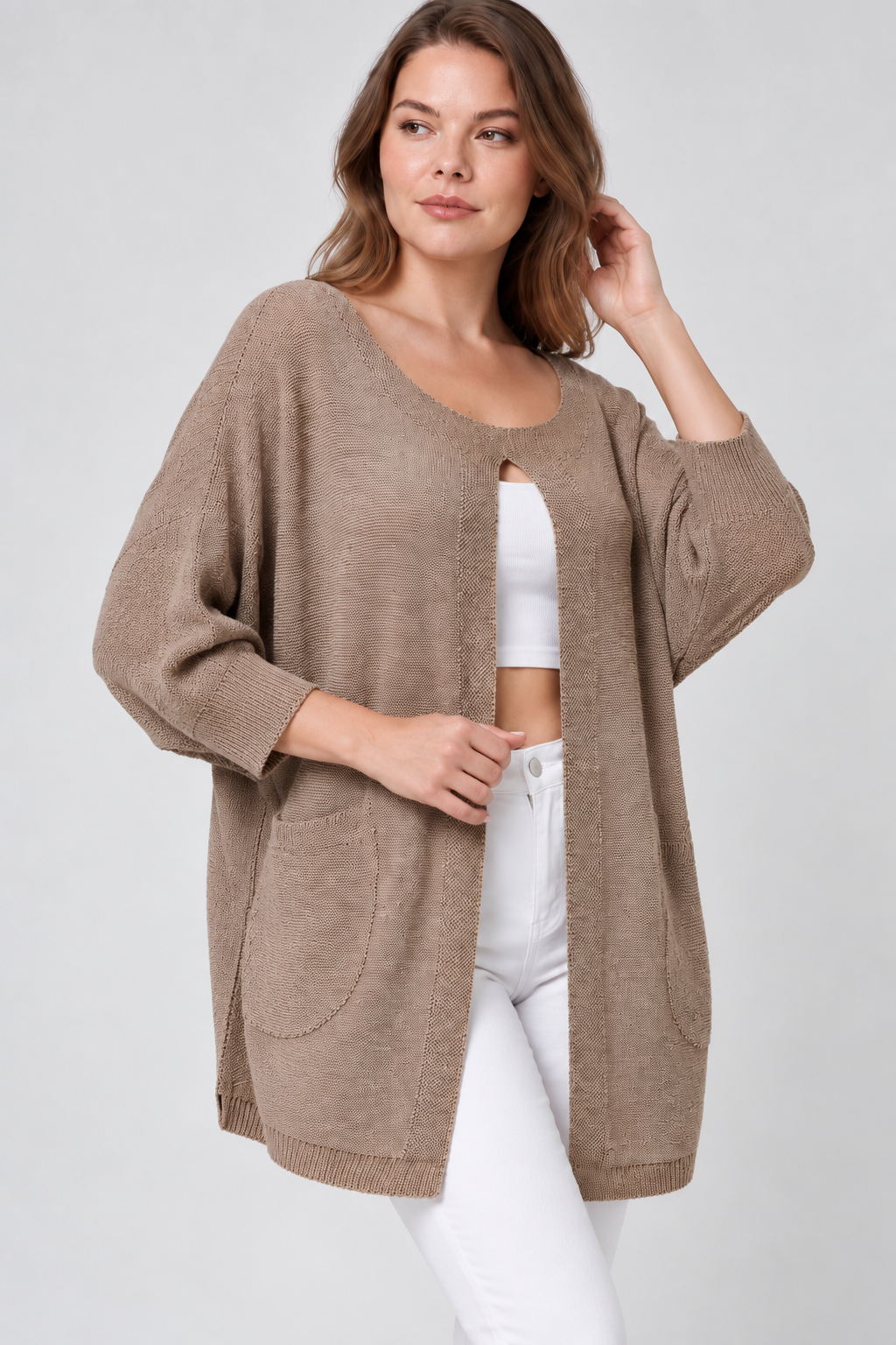 Kadın İtalyan Stil Yarasa Kol Önü Derin Yırtmaçlı Oversize Merserize Triko Tunik