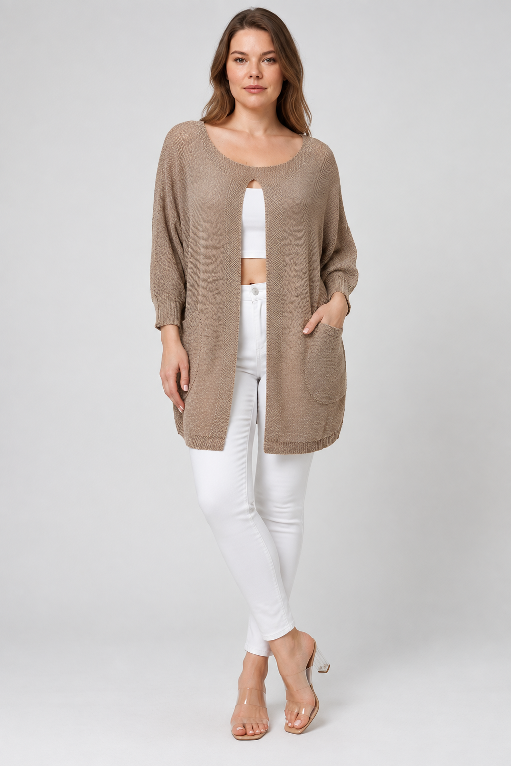 Kadın İtalyan Stil Yarasa Kol Önü Derin Yırtmaçlı Oversize Merserize Triko Tunik