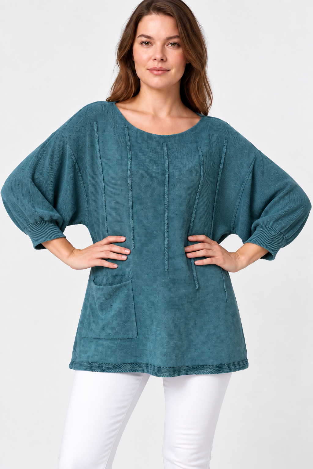 Kadın İtalyan Stil Yarasa Kol Yanı Yırtmaçlı Cep Detaylı Oversize Triko Bluz