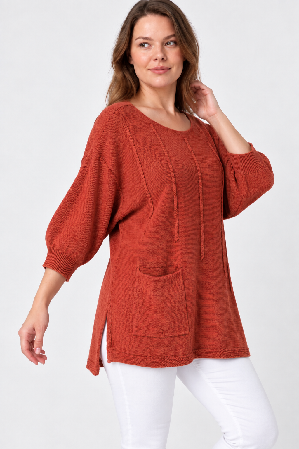 Kadın İtalyan Stil Yarasa Kol Yanı Yırtmaçlı Cep Detaylı Oversize Triko Bluz