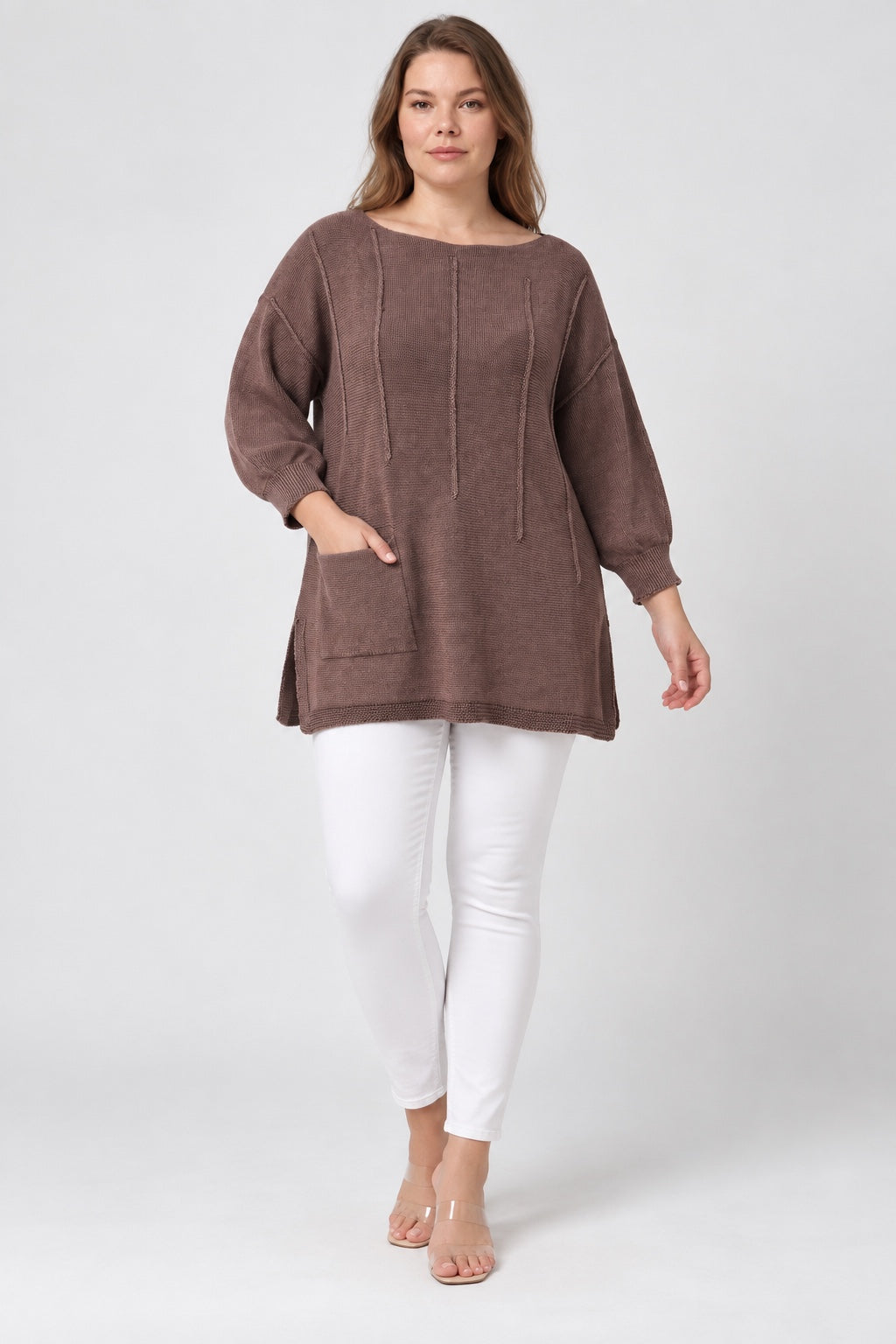 Kadın İtalyan Stil Yarasa Kol Yanı Yırtmaçlı Cep Detaylı Oversize Triko Bluz