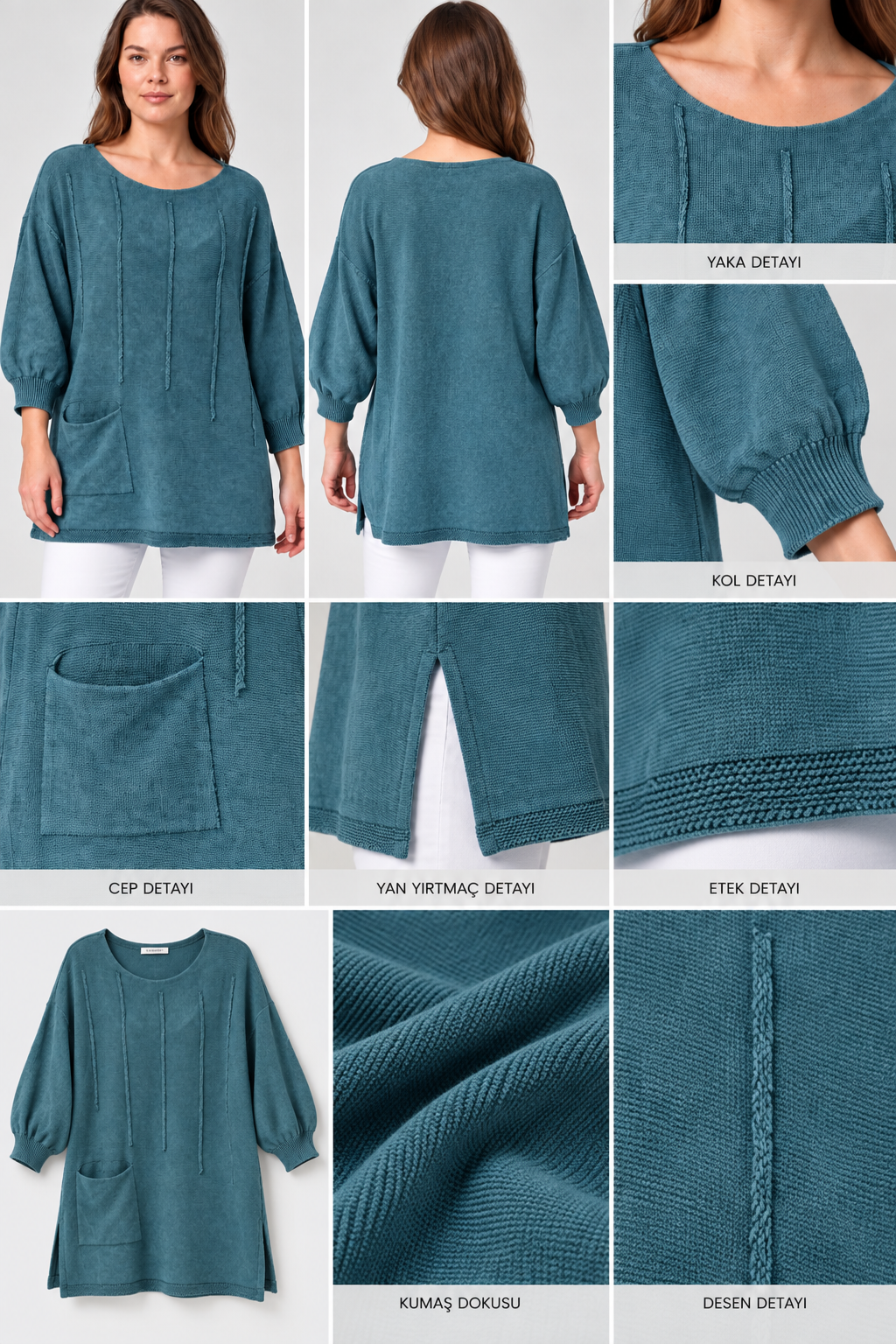 Kadın İtalyan Stil Yarasa Kol Yanı Yırtmaçlı Cep Detaylı Oversize Triko Bluz