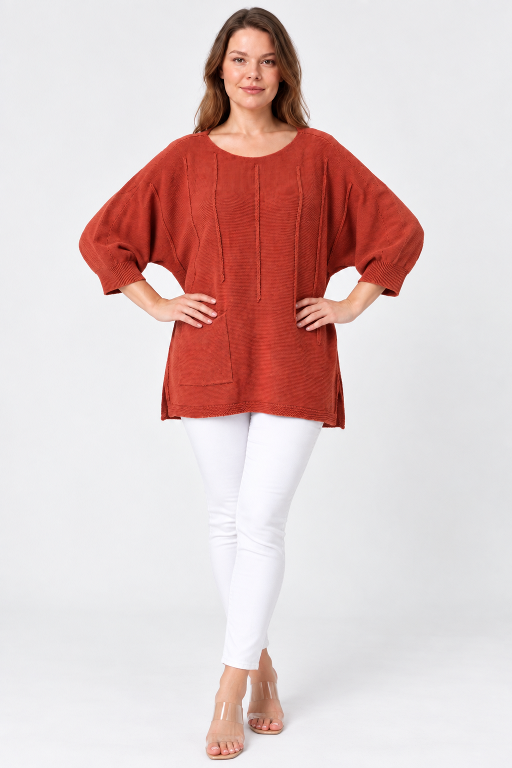 Kadın İtalyan Stil Yarasa Kol Yanı Yırtmaçlı Cep Detaylı Oversize Triko Bluz