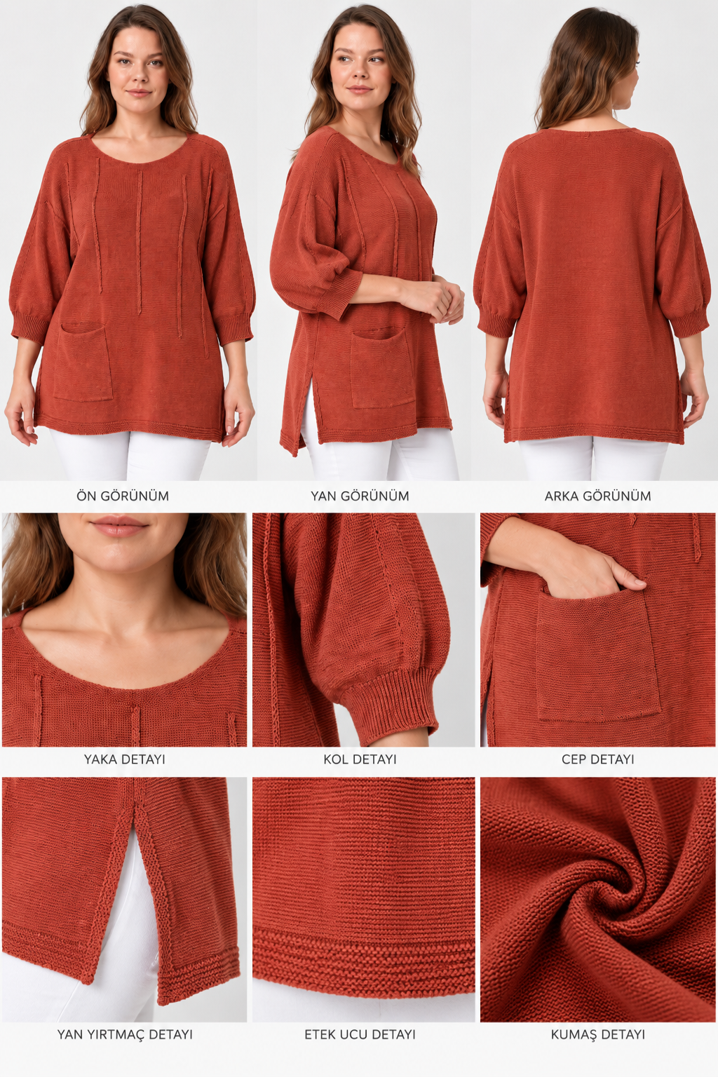 Kadın İtalyan Stil Yarasa Kol Yanı Yırtmaçlı Cep Detaylı Oversize Triko Bluz