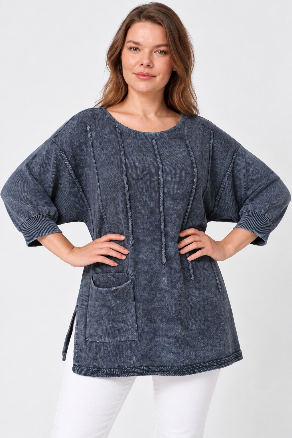 Kadın İtalyan Stil Yarasa Kol Yanı Yırtmaçlı Cep Detaylı Oversize Triko Bluz